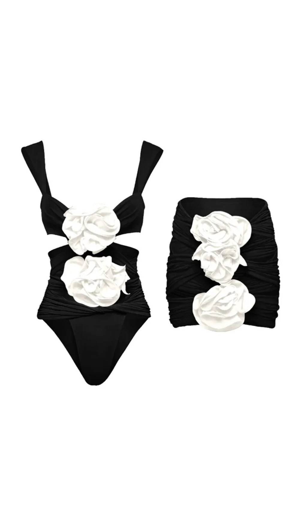 Black Floral 3D One-Piece Swimsuit with Skirt