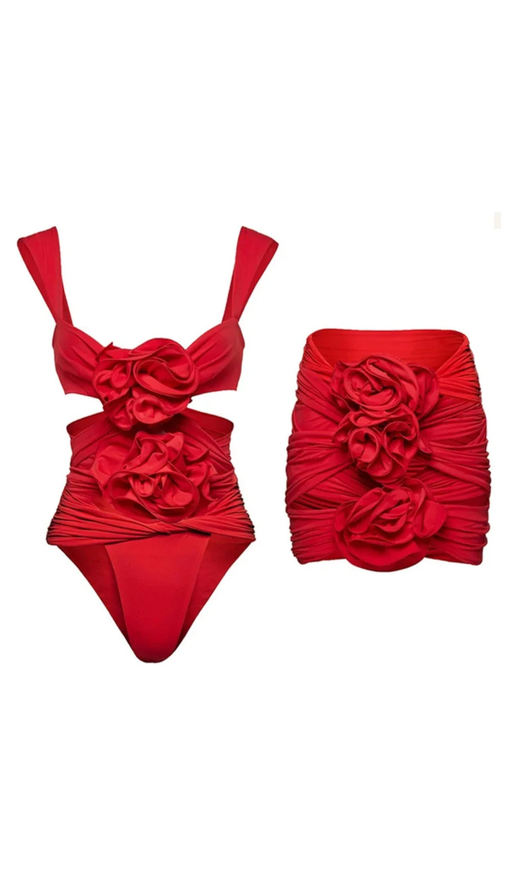 Red 3D Flower One Piece Swimsuit with Skirt - Swimwear Set