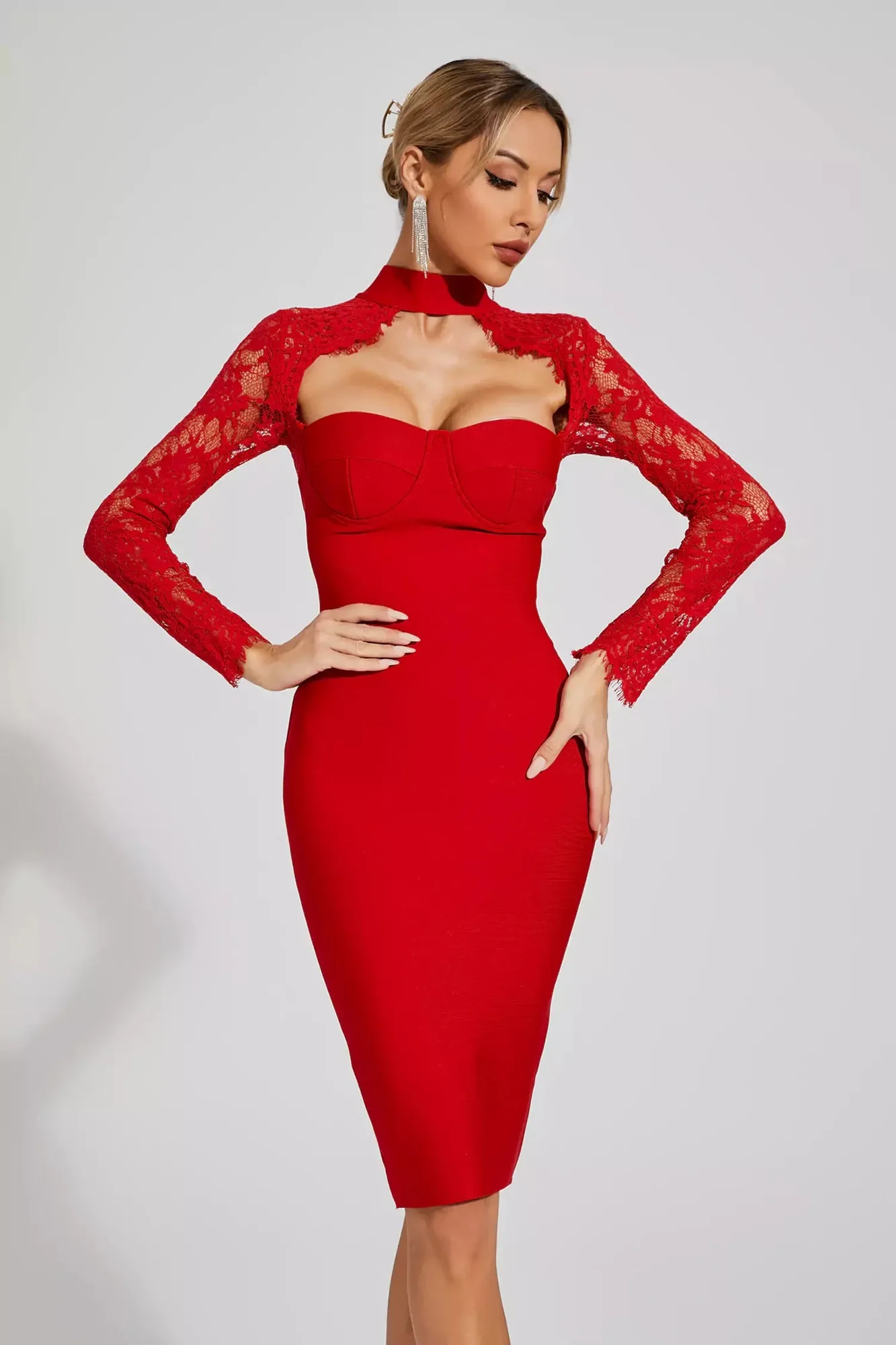 Red Lace Sleeve Bandage Dress - Elegant Halter Neck Style