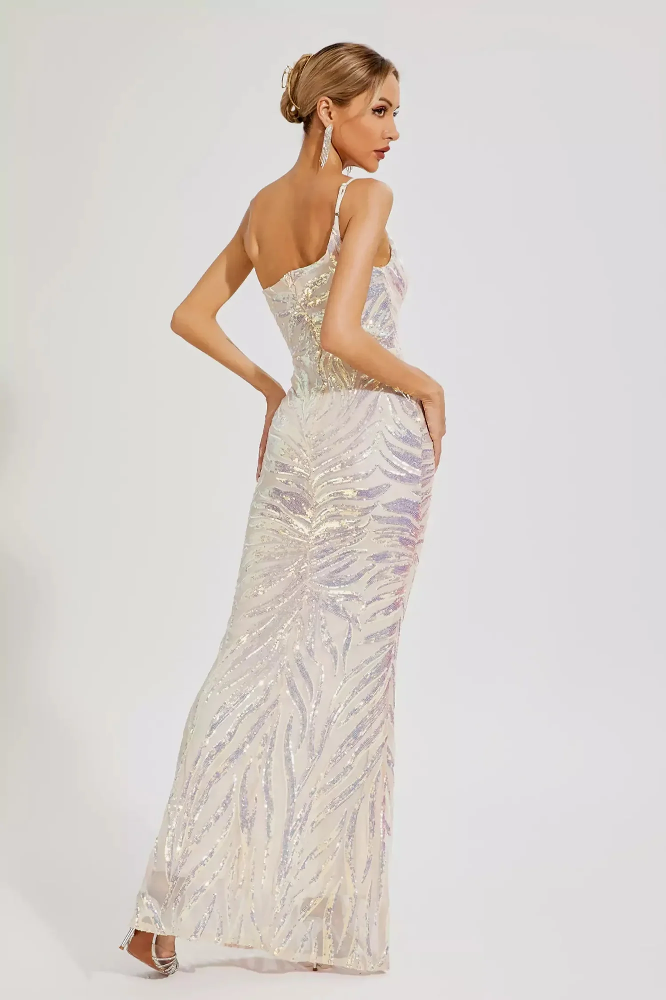 Apricot Sequin One-Shoulder Evening Dress - Elegant & Feminine