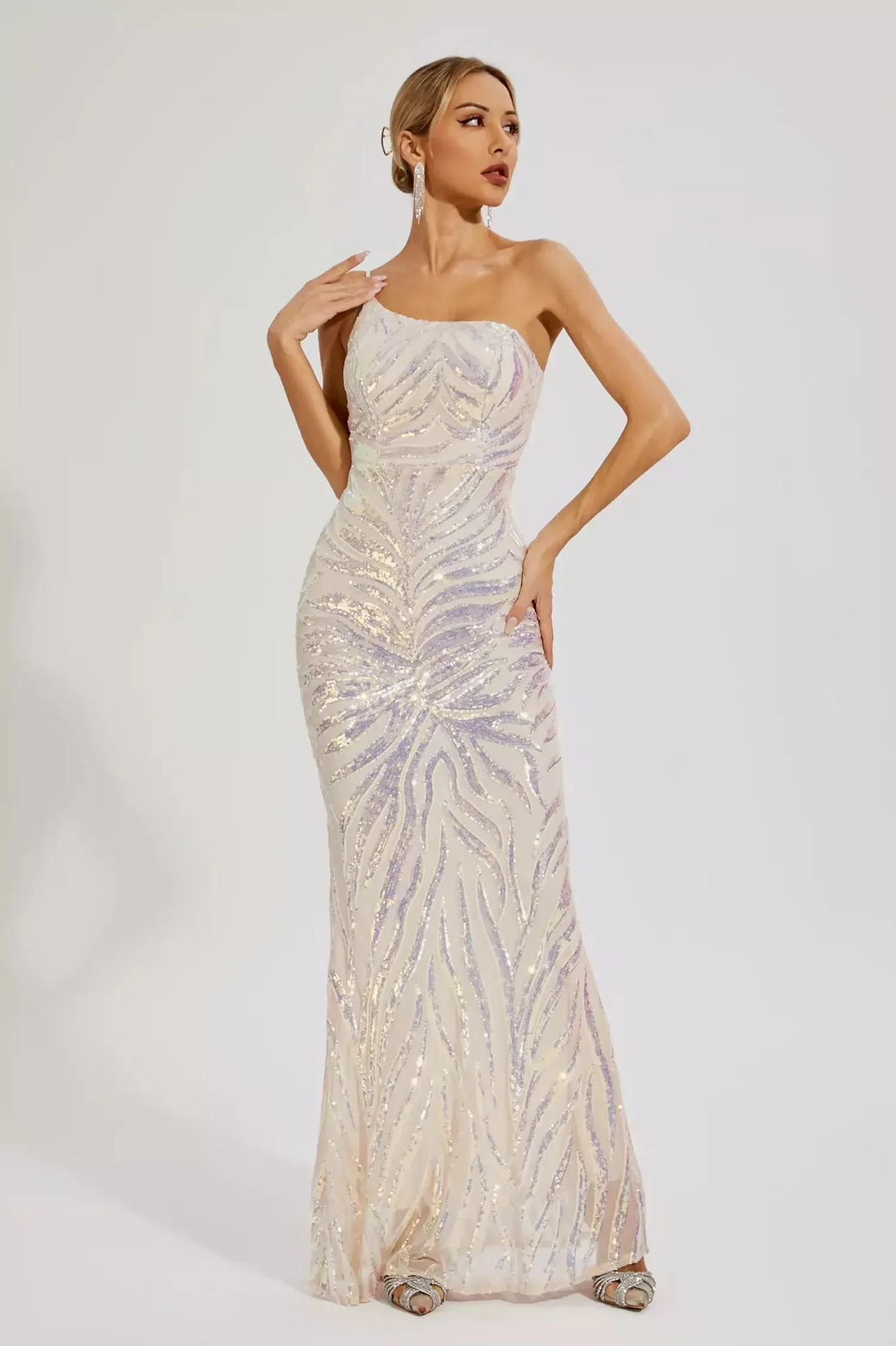 Apricot Sequin One-Shoulder Evening Dress - Elegant & Feminine