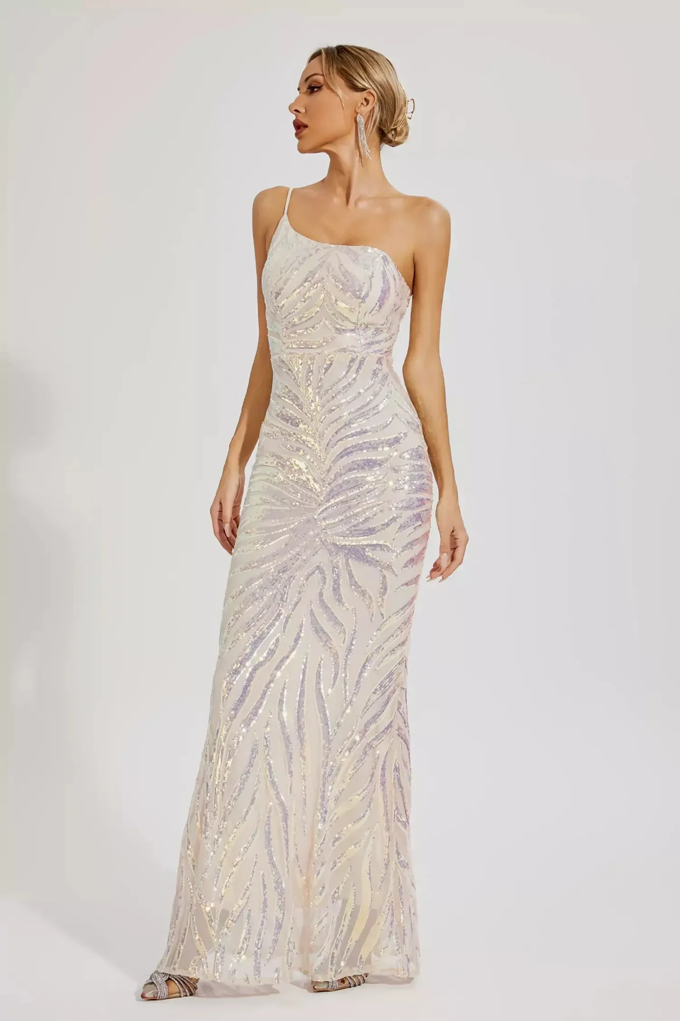 Apricot Sequin One-Shoulder Evening Dress - Elegant & Feminine
