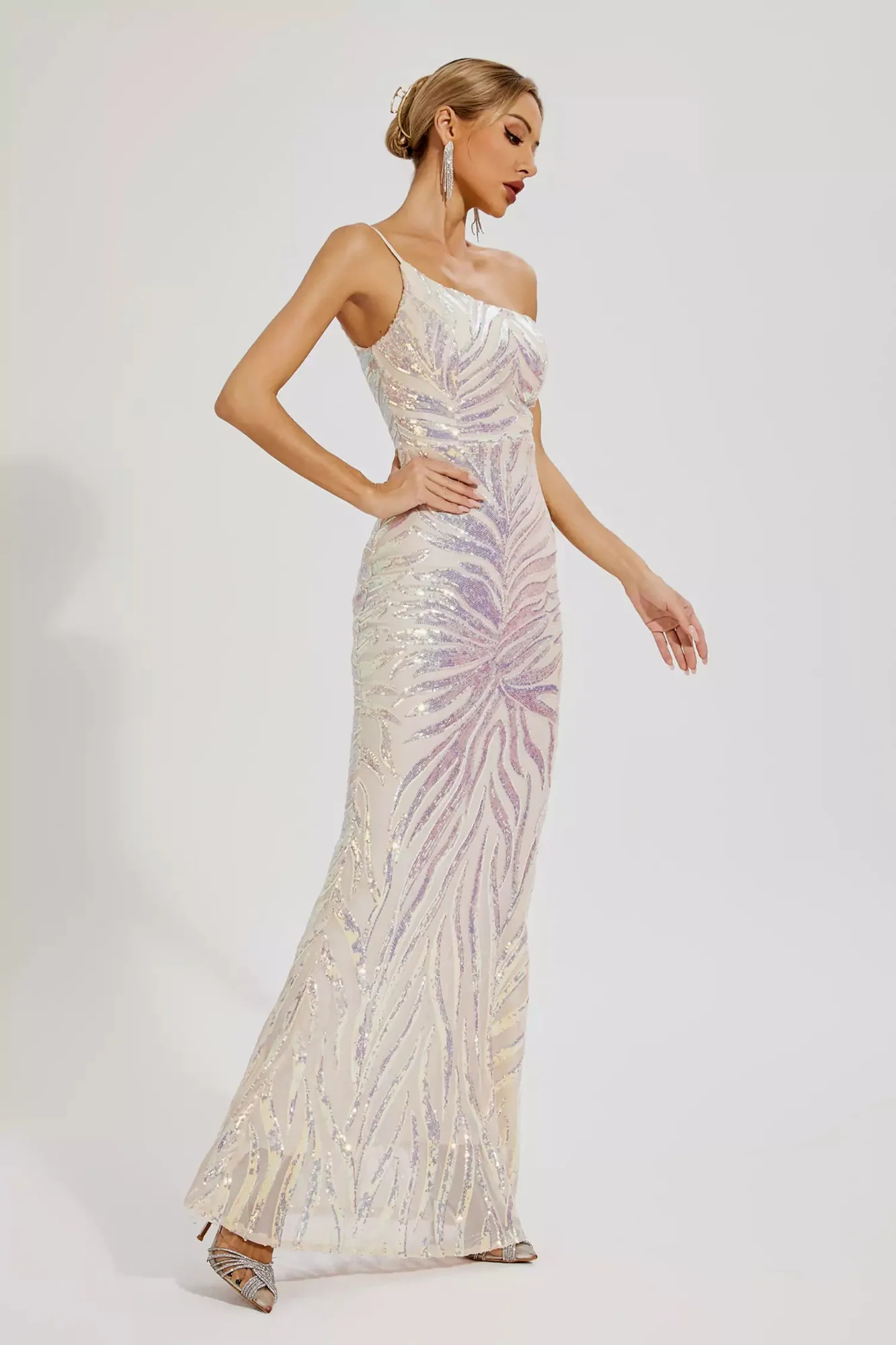 Apricot Sequin One-Shoulder Evening Dress - Elegant & Feminine