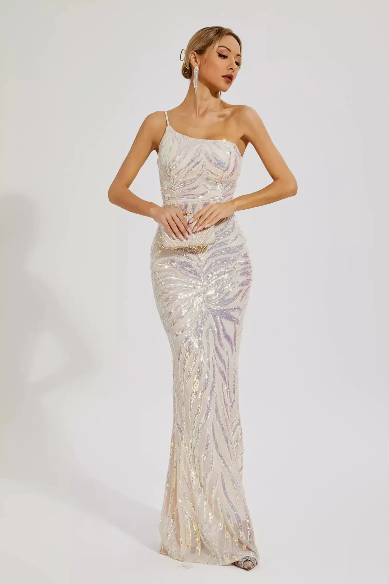Apricot Sequin One-Shoulder Evening Dress - Elegant & Feminine
