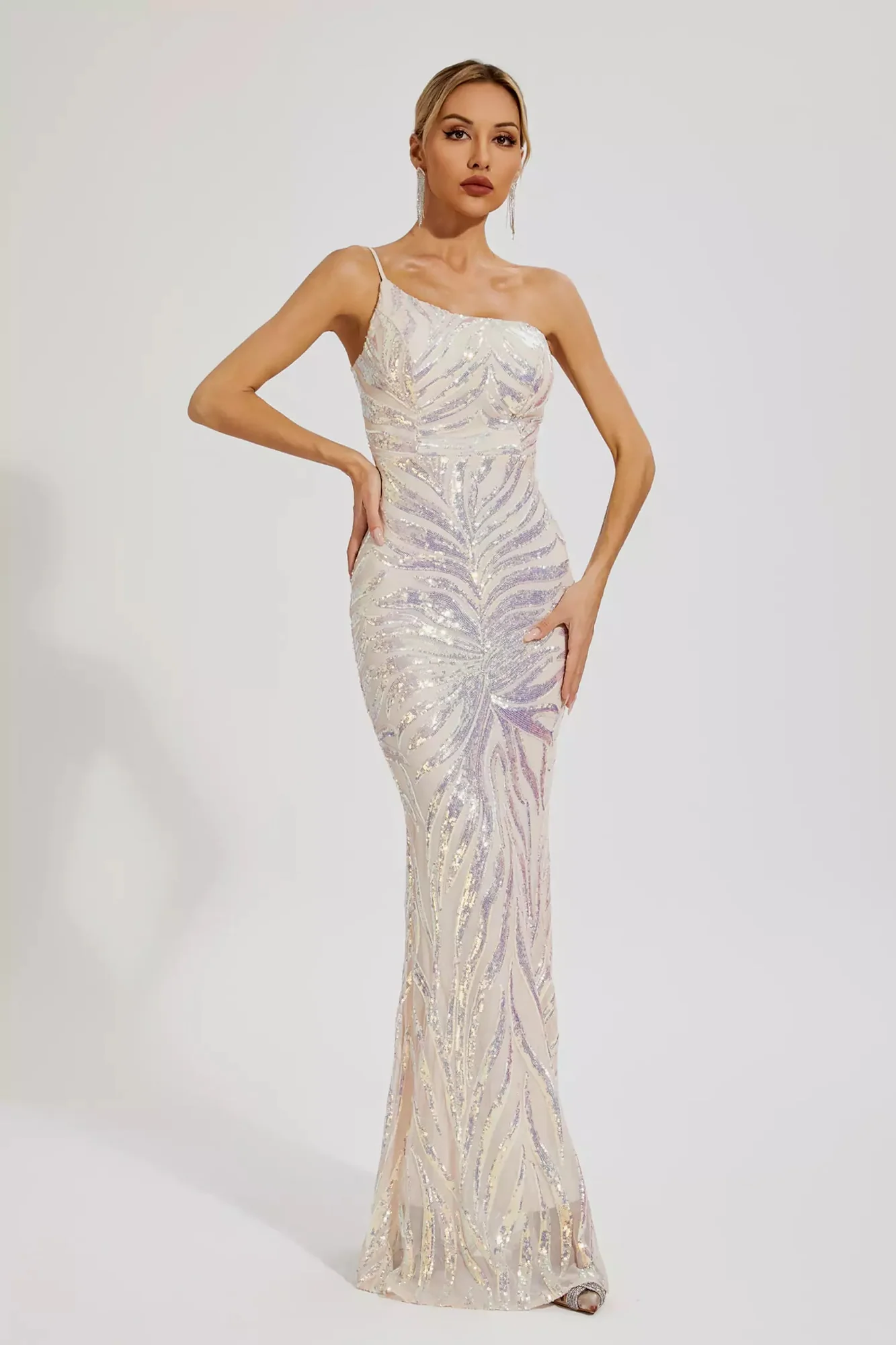 Apricot Sequin One-Shoulder Evening Dress - Elegant & Feminine