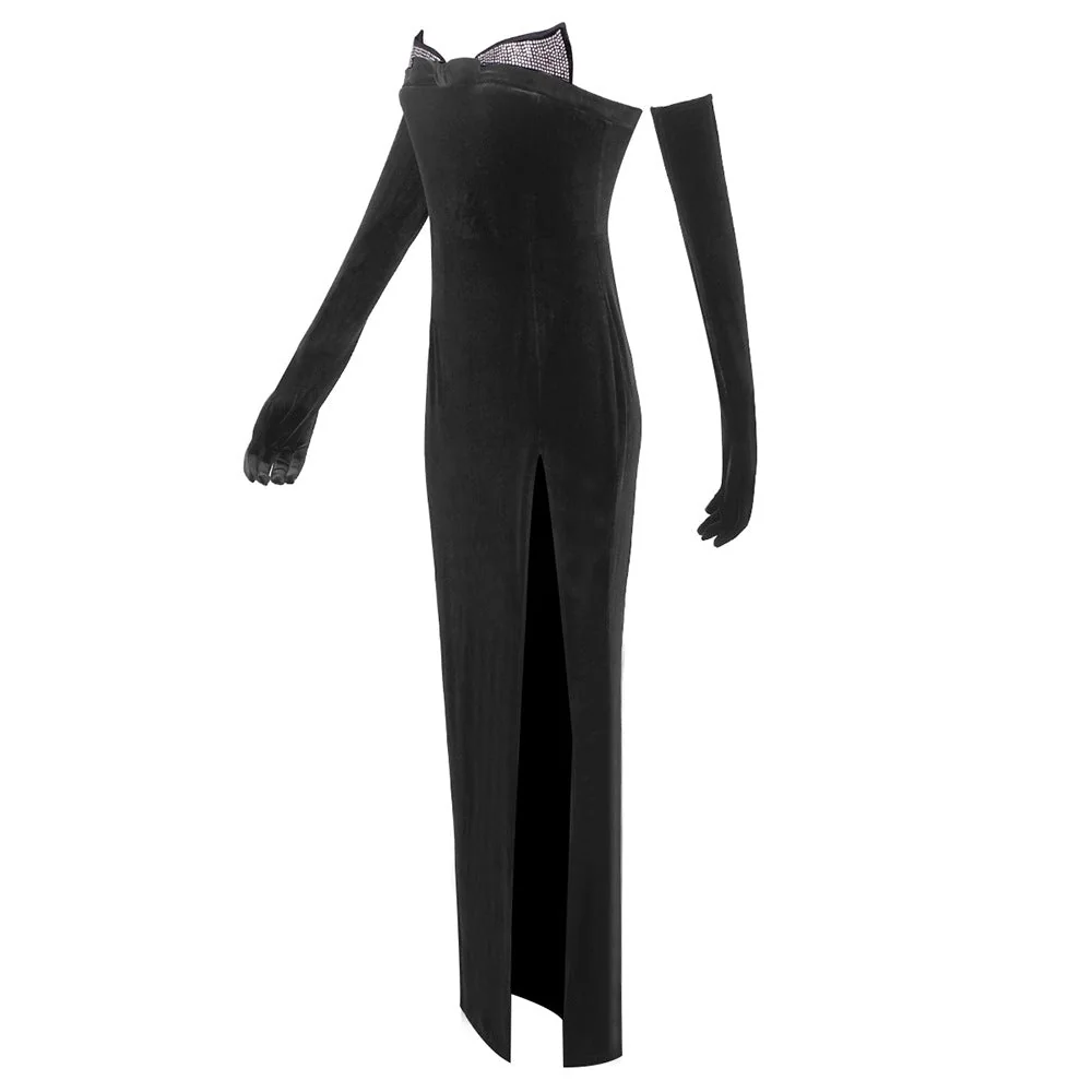 Black Strapless Velvet Maxi Dress with Rhinestone Embellishments