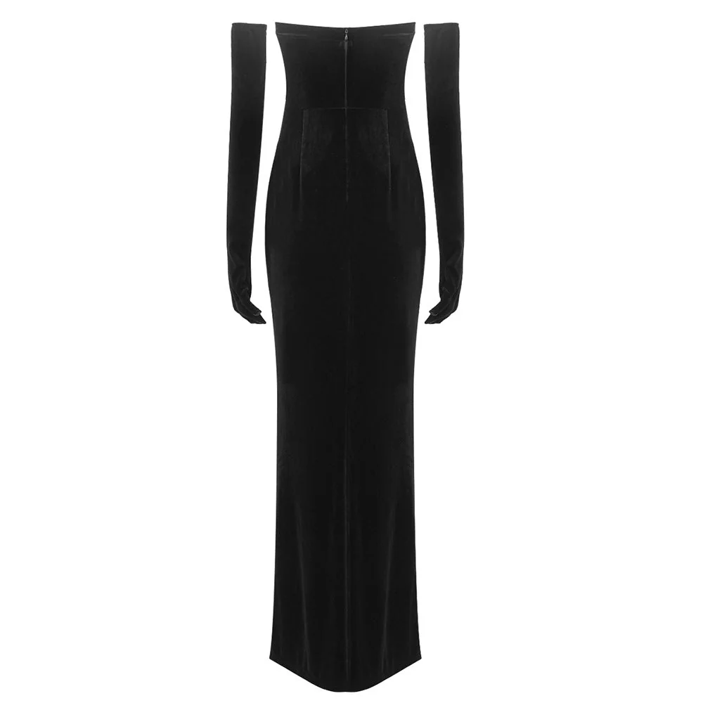 Black Strapless Velvet Maxi Dress with Rhinestone Embellishments