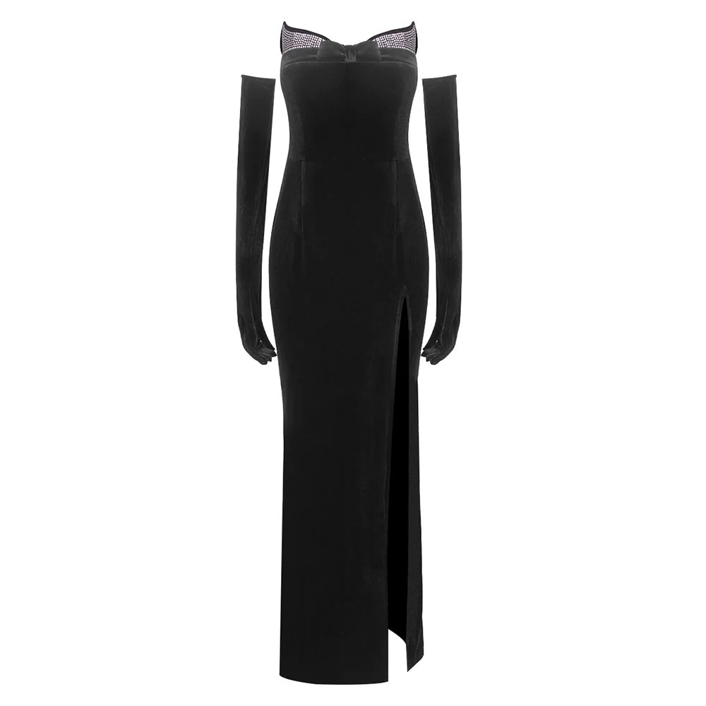 Black Strapless Velvet Maxi Dress with Rhinestone Embellishments