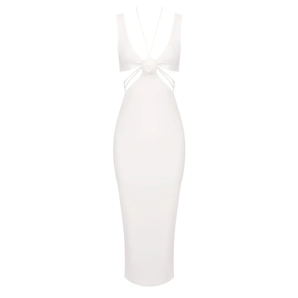 White Halter Neck Floral Maxi Dress - Elegant & Bold Design