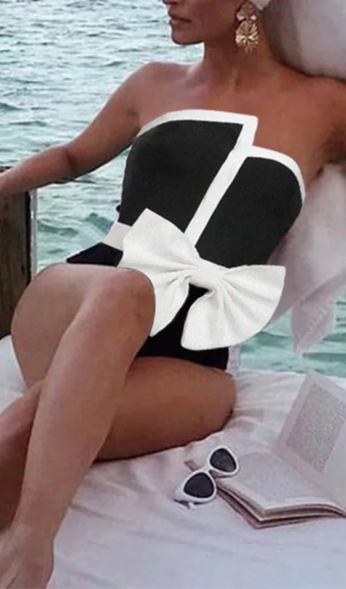 Elegant Off Shoulder Swimsuit with Bow Tie Detail