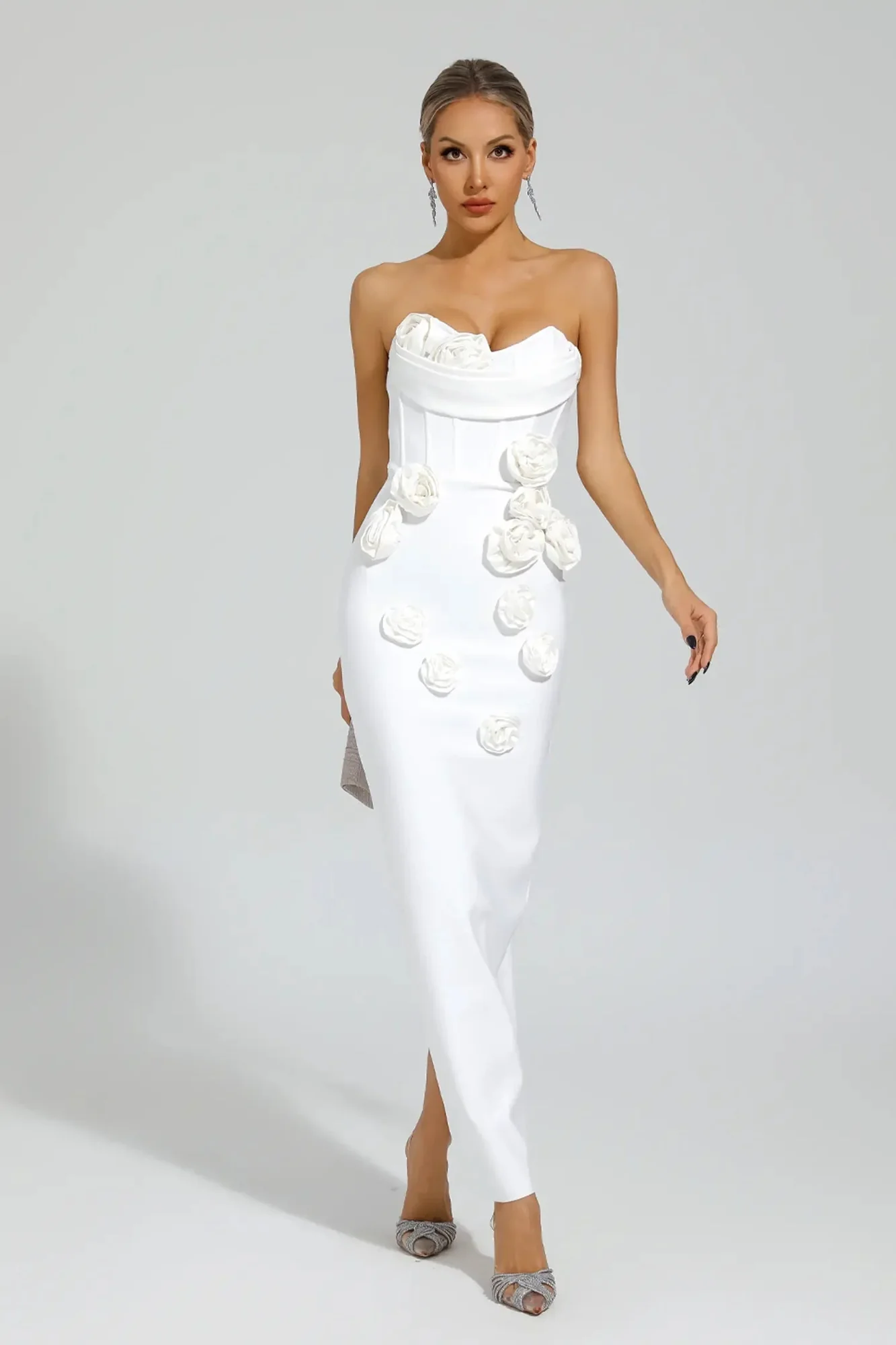 Floral Bandage Strapless Dress - High Stretch Material