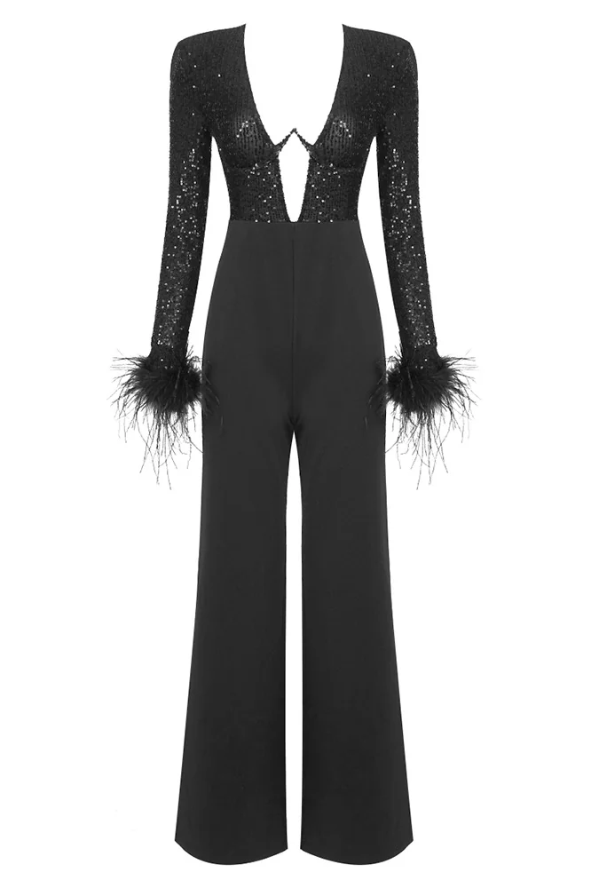 Sequin Feather Jumpsuit - Elegant Black Party Wear Outfit