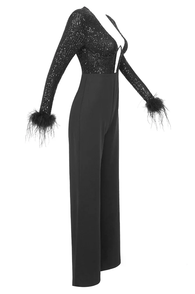 Sequin Feather Jumpsuit - Elegant Black Party Wear Outfit