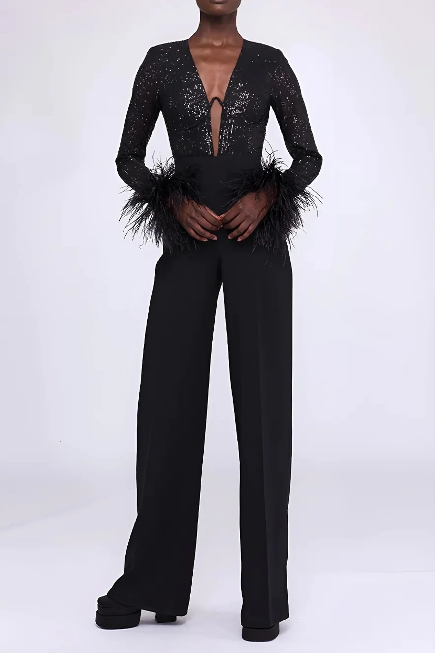Sequin Feather Jumpsuit - Elegant Black Party Wear Outfit