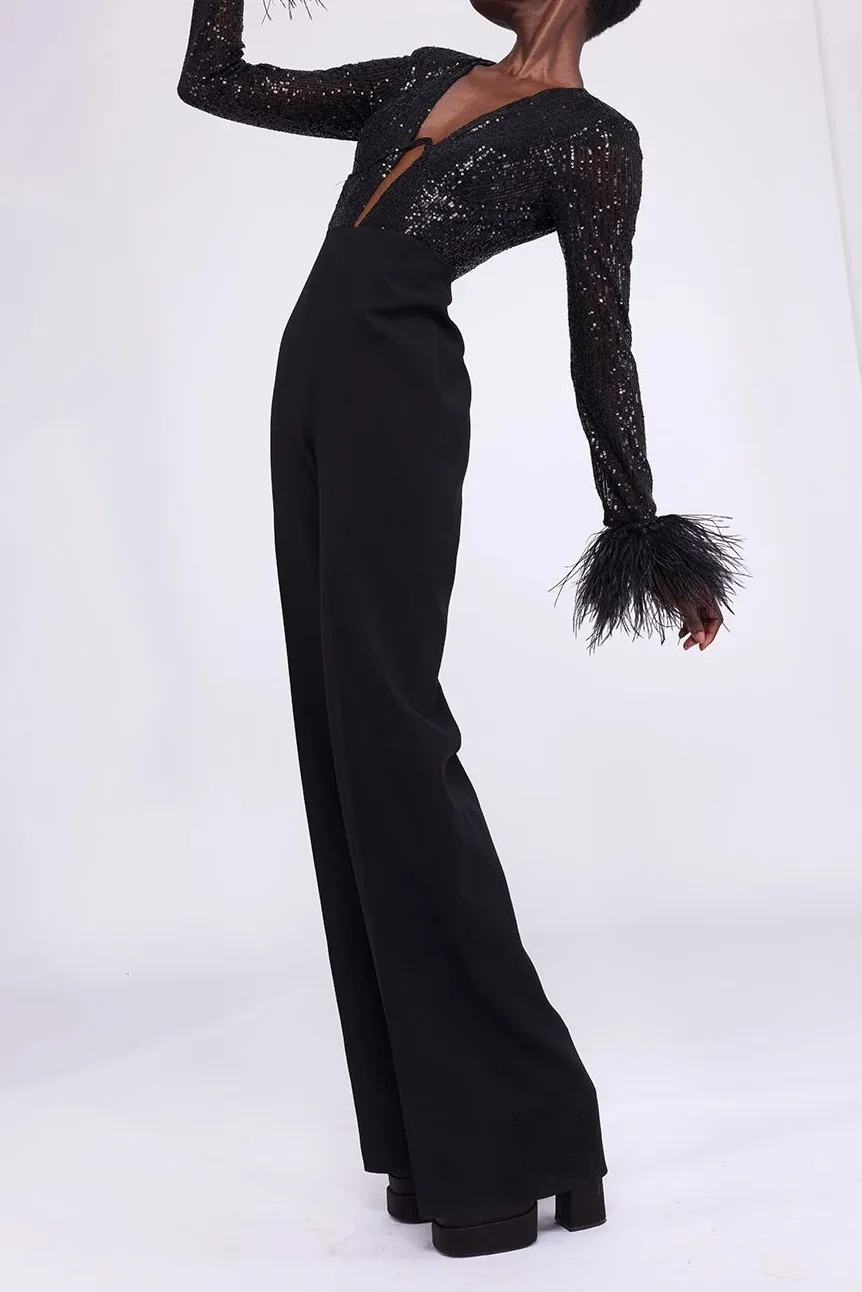 Sequin Feather Jumpsuit - Elegant Black Party Wear Outfit