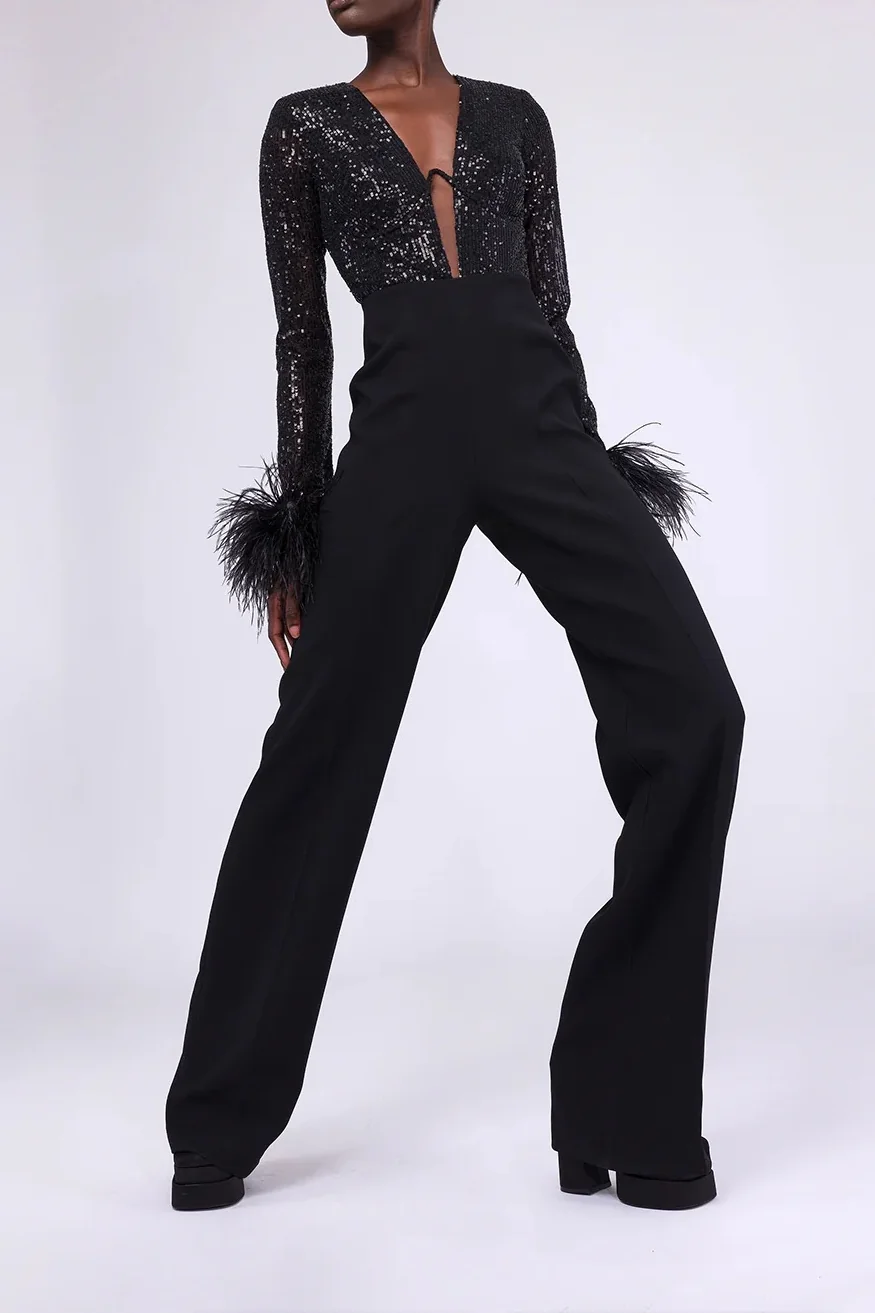 Sequin Feather Jumpsuit - Elegant Black Party Wear Outfit