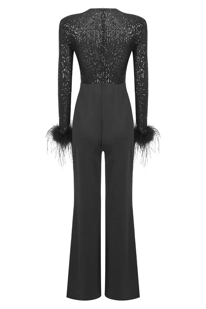 Sequin Feather Jumpsuit - Elegant Black Party Wear Outfit