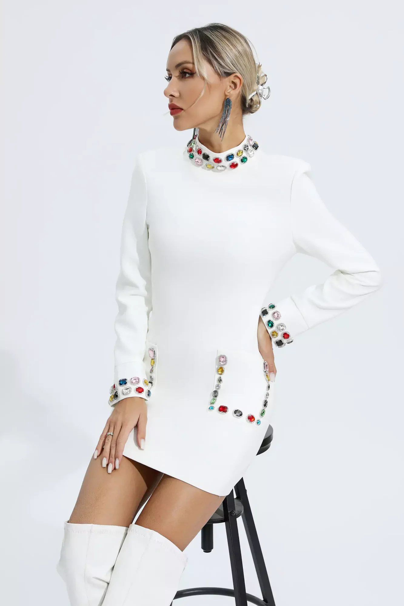 White Rhinestone Embellished Long Sleeve Mini Dress