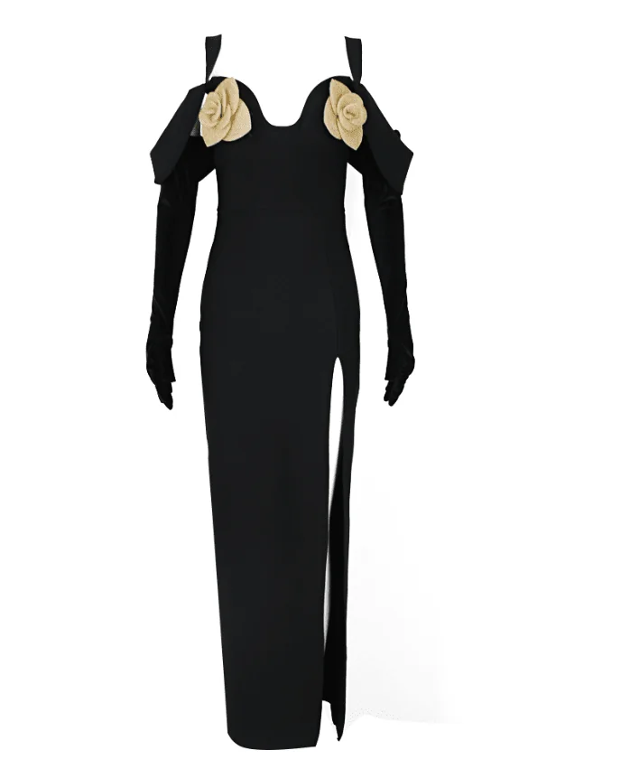 Black Rose Detail Midi Bandage Dress