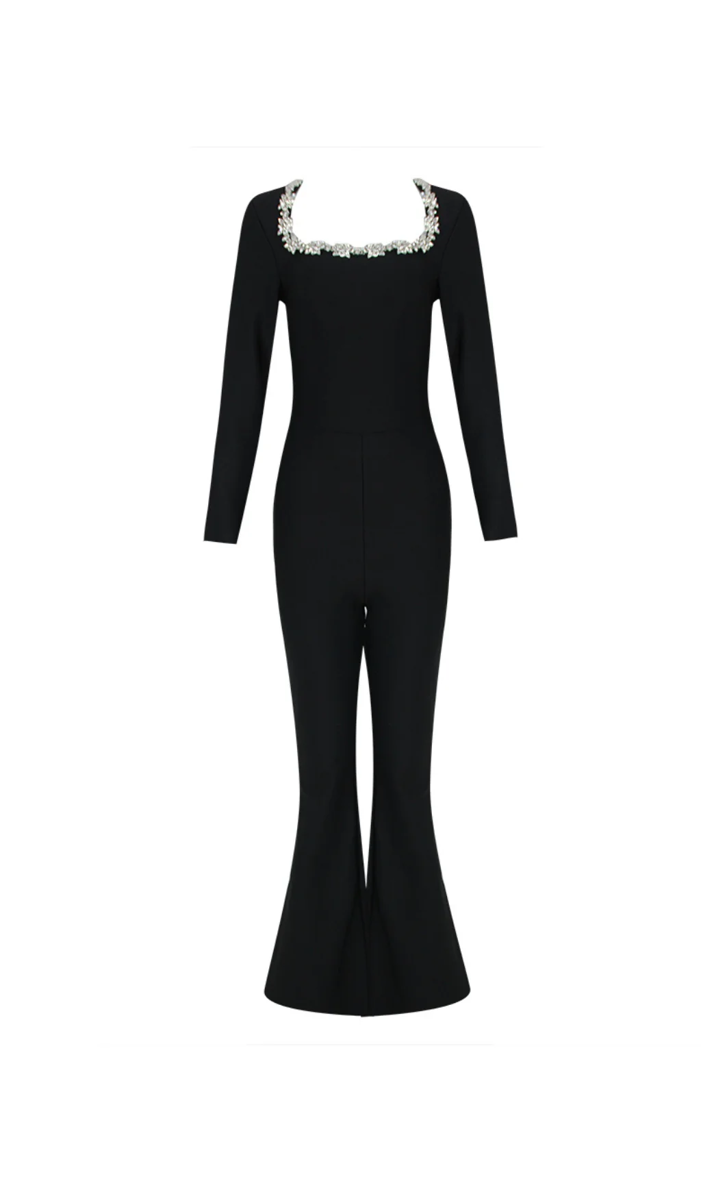 Black Crystal Neckline Long Sleeve Womens Jumpsuit