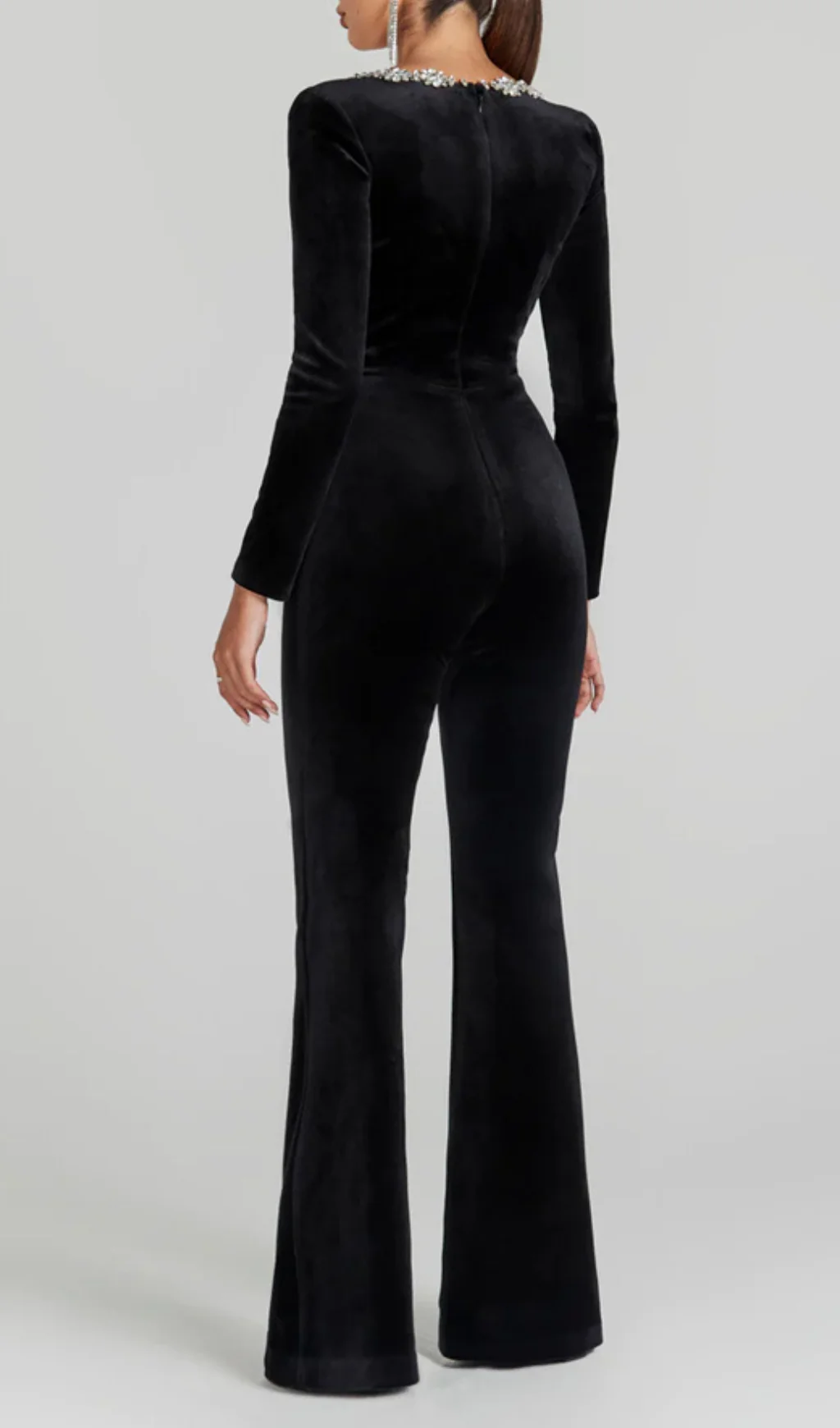 Black Crystal Neckline Long Sleeve Womens Jumpsuit