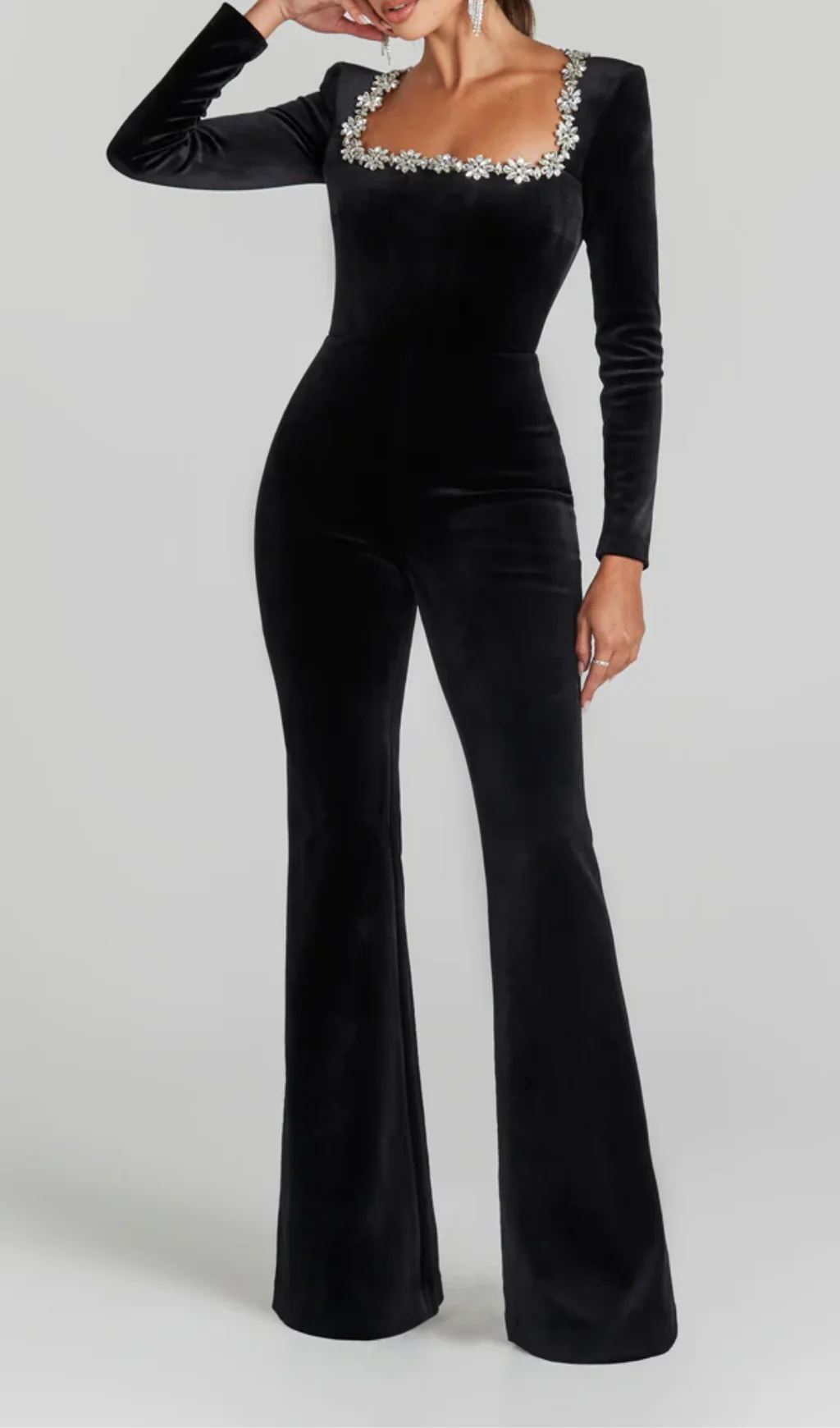 Black Crystal Neckline Long Sleeve Womens Jumpsuit
