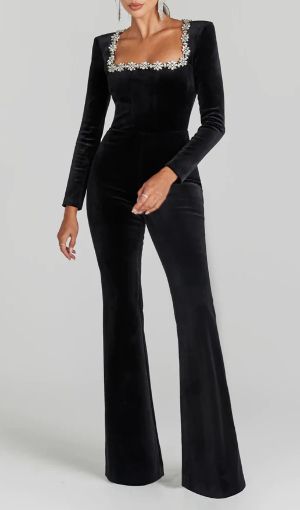 Black Crystal Neckline Long Sleeve Womens Jumpsuit