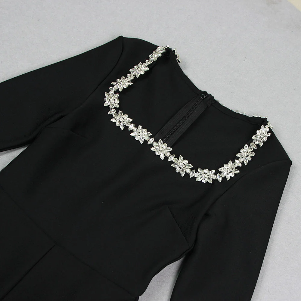 Black Crystal Neckline Long Sleeve Womens Jumpsuit