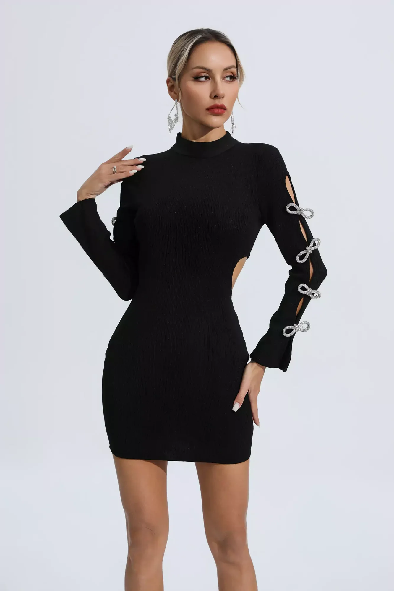 Black Cutout Bandage Dress with Bow Detail