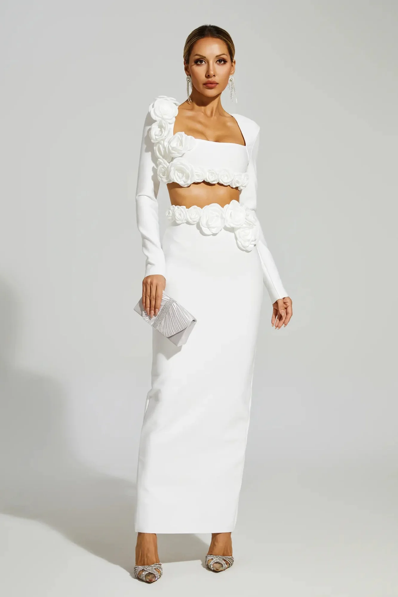 White Floral Bandage Skirt Set - Elegant Matching Ensemble