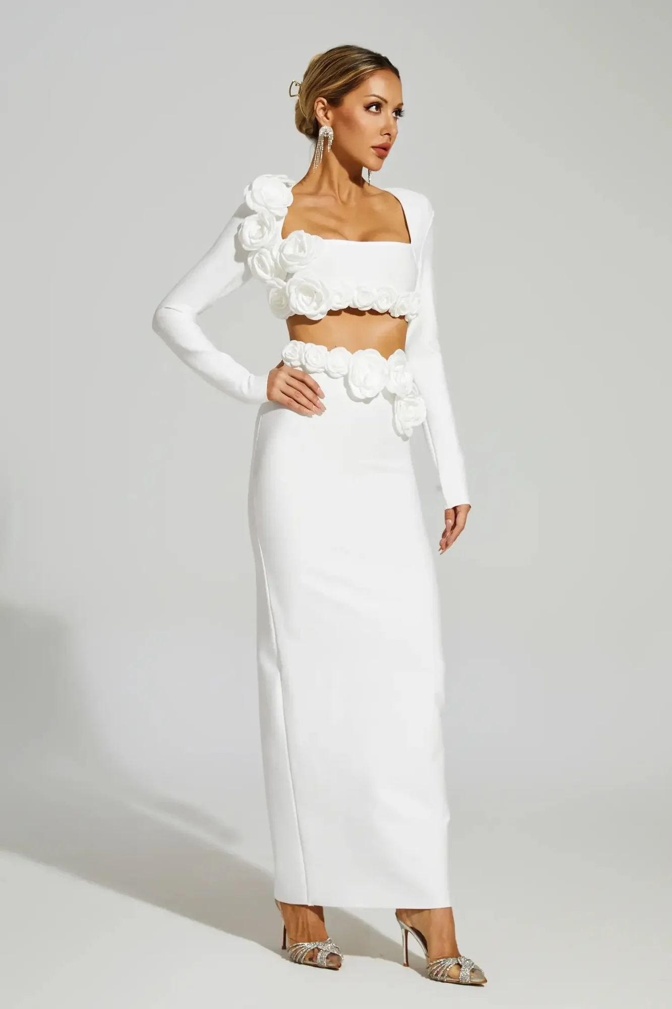 White Floral Bandage Skirt Set - Elegant Matching Ensemble