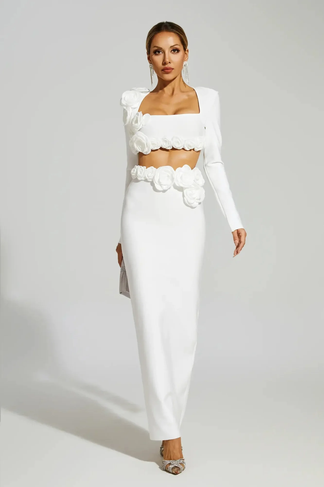 White Floral Bandage Skirt Set - Elegant Matching Ensemble