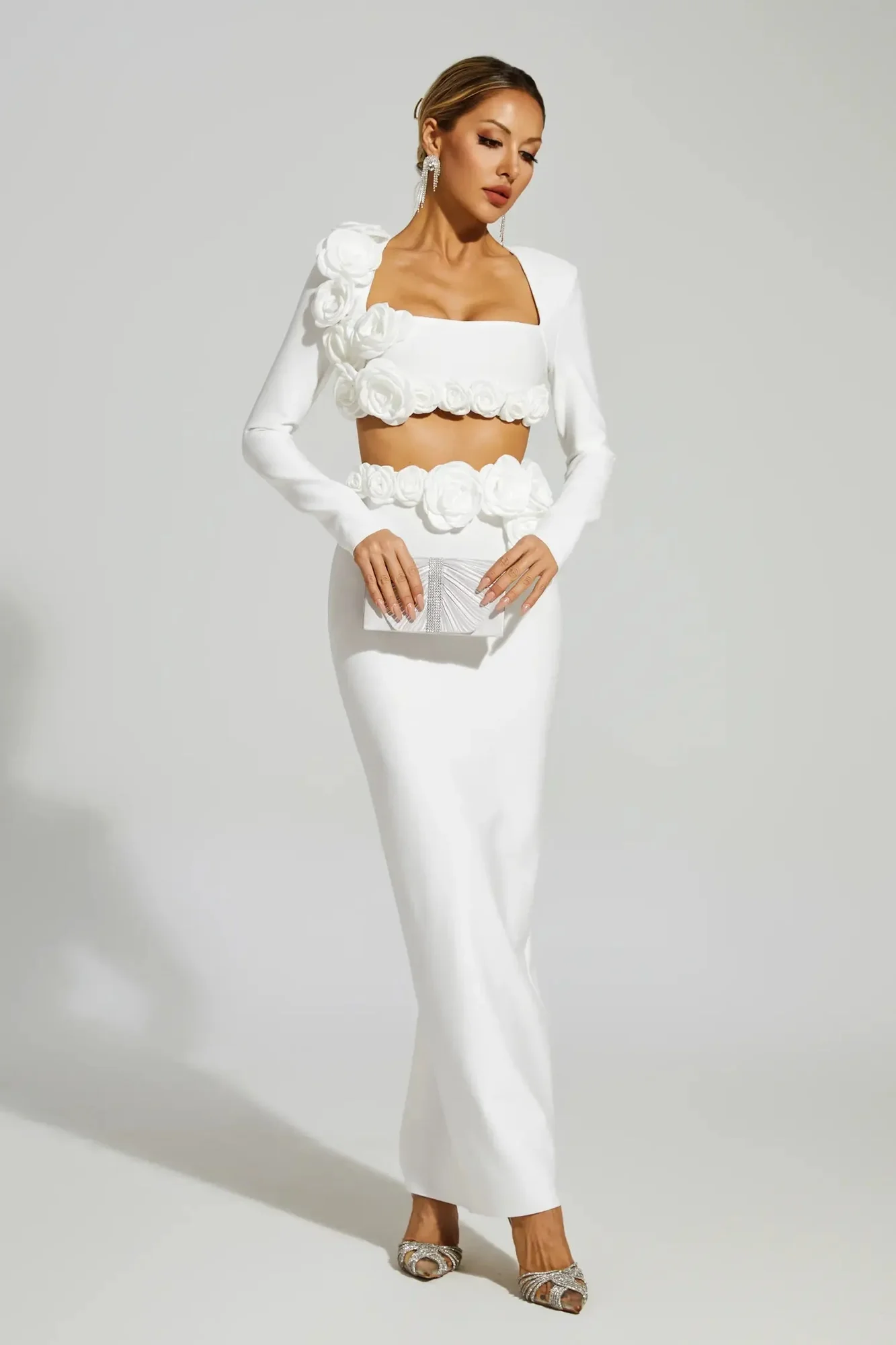 White Floral Bandage Skirt Set - Elegant Matching Ensemble