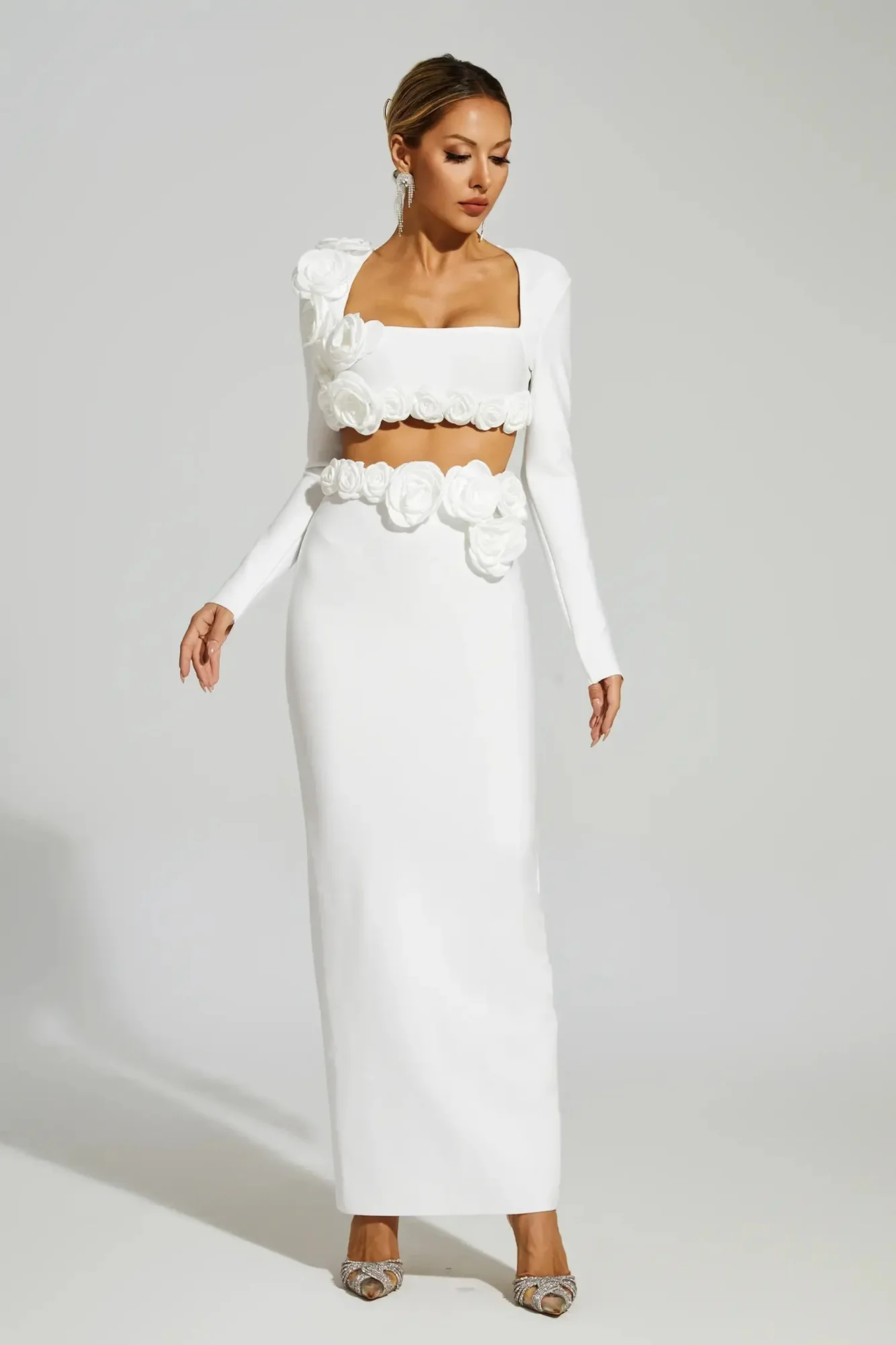 White Floral Bandage Skirt Set - Elegant Matching Ensemble