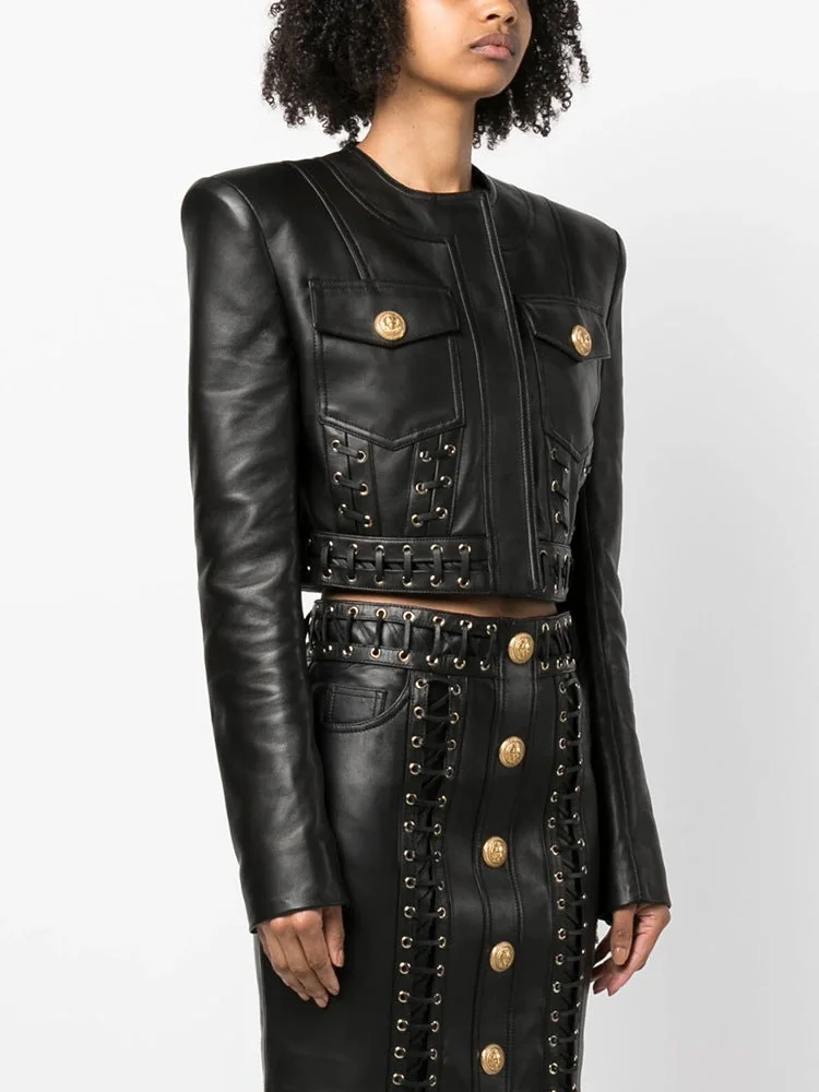 Black Faux Leather Two Piece Jacket Set