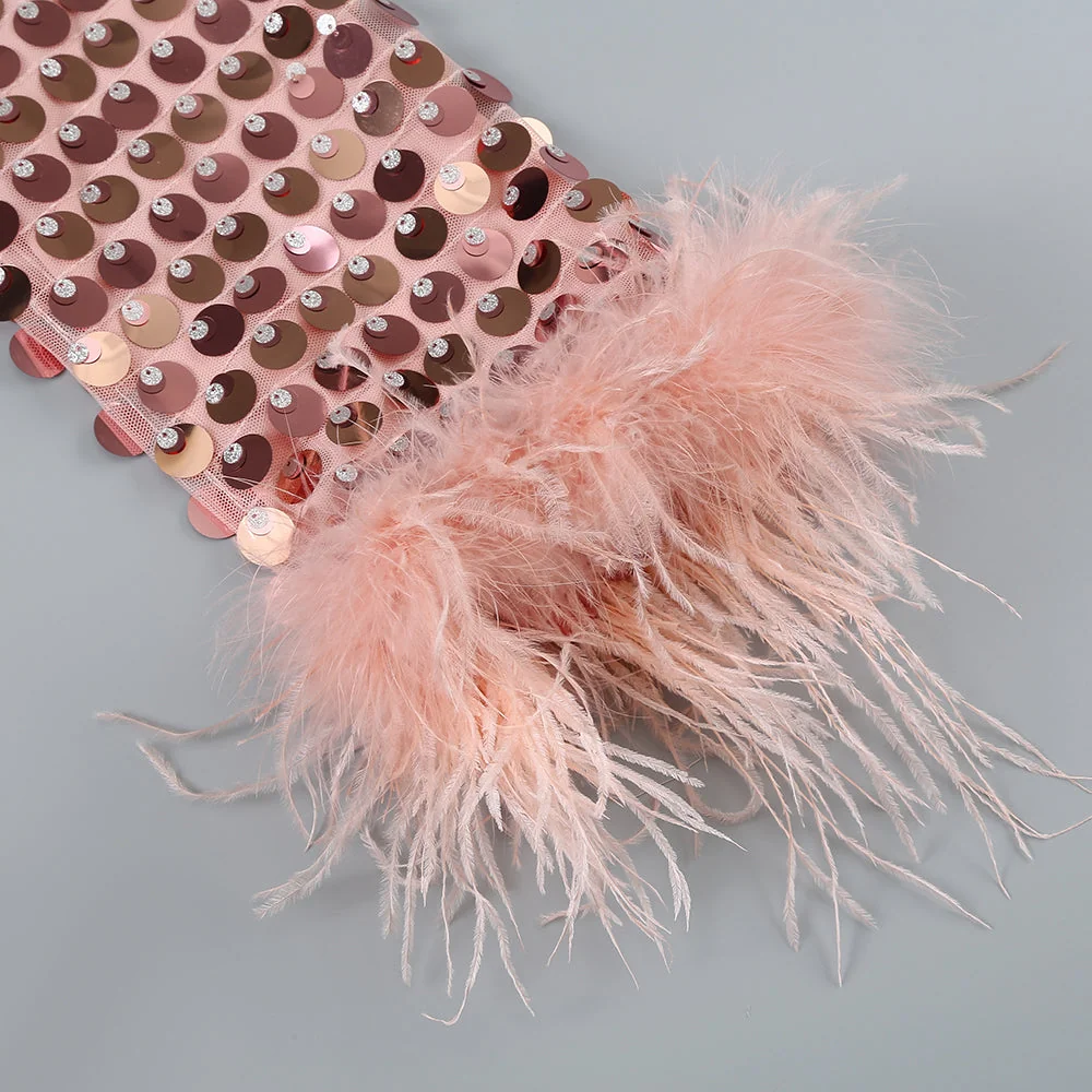 Sparkling Sequin and Feather Trim Evening Dress