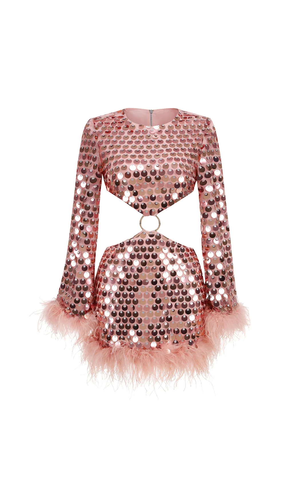 Sparkling Sequin and Feather Trim Evening Dress