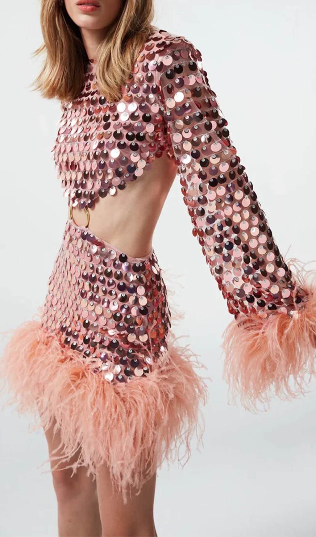 Sparkling Sequin and Feather Trim Evening Dress