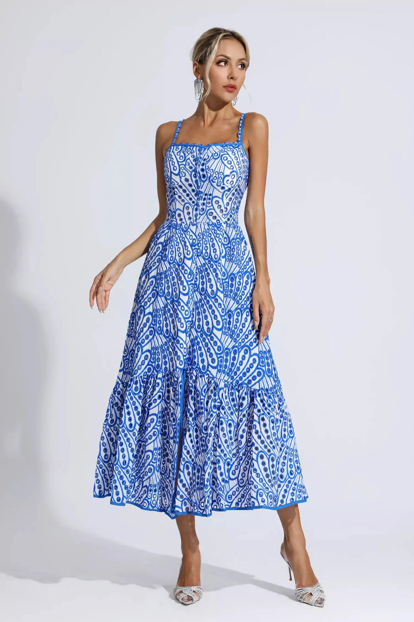 Blue Floral Print Maxi Dress with Cutout Design