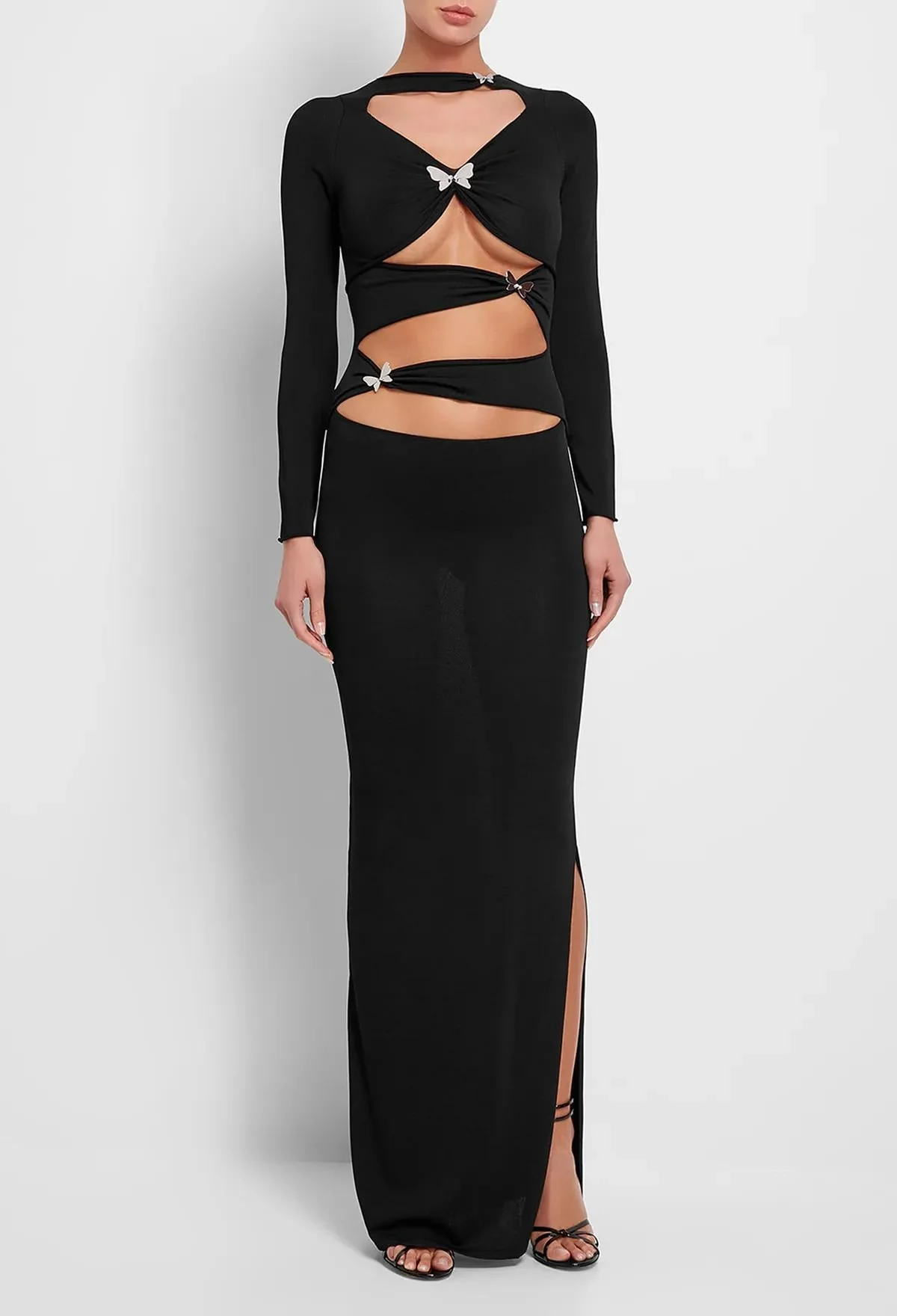 Butterfly Cutout Maxi Dress - Elegant V-Neck Long Sleeve Design