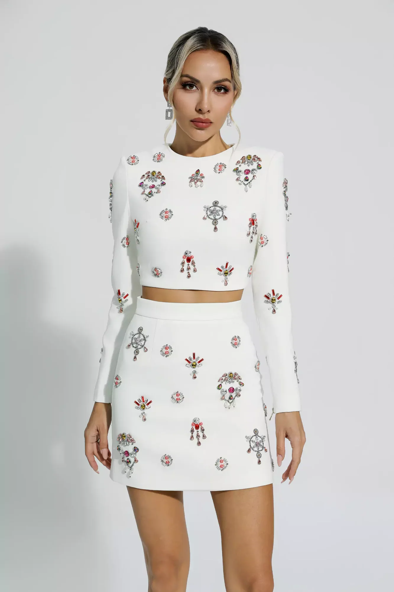 White Crystal Embellished Fashion Set - Elegant Two-Piece