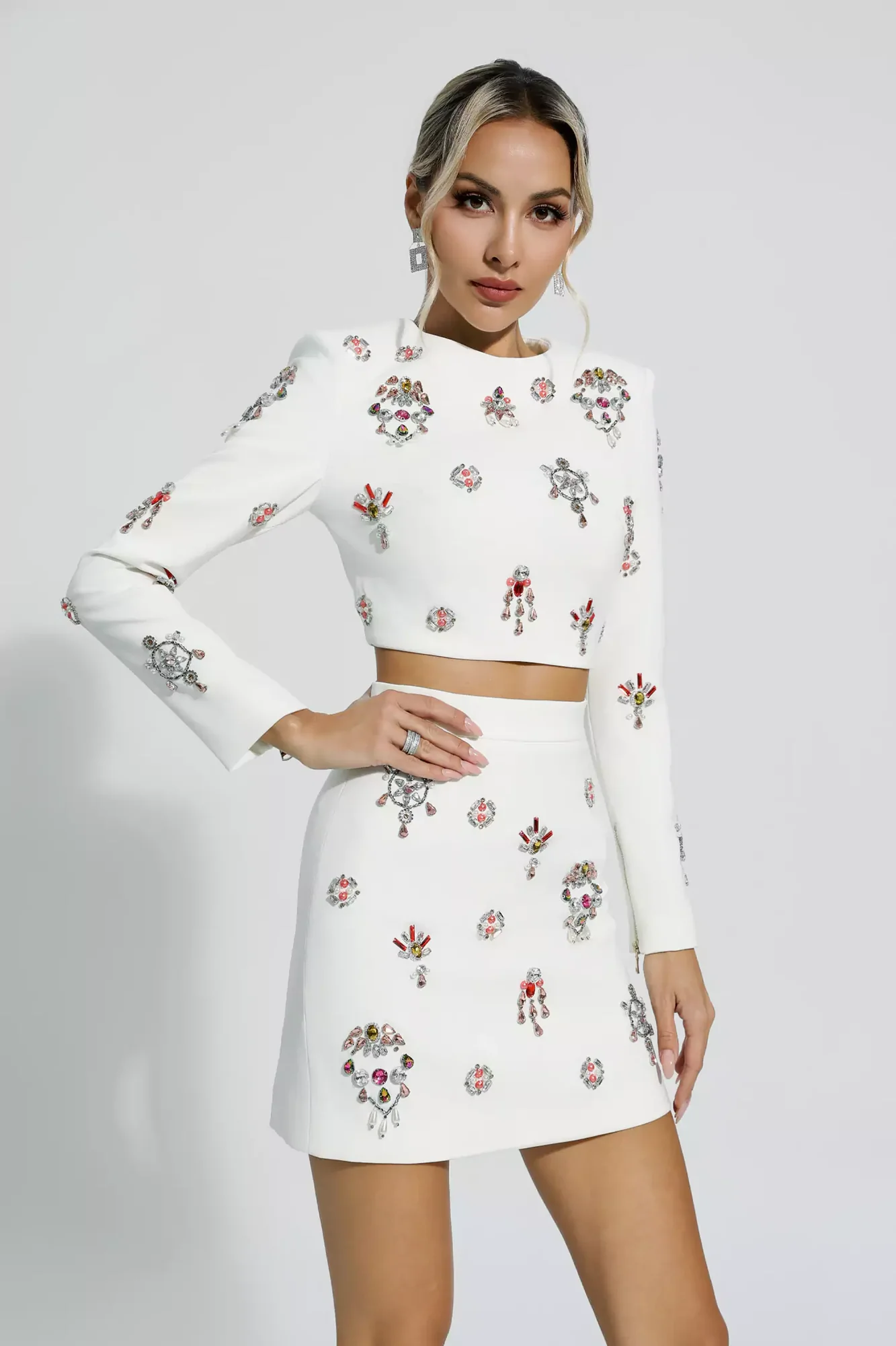 White Crystal Embellished Fashion Set - Elegant Two-Piece