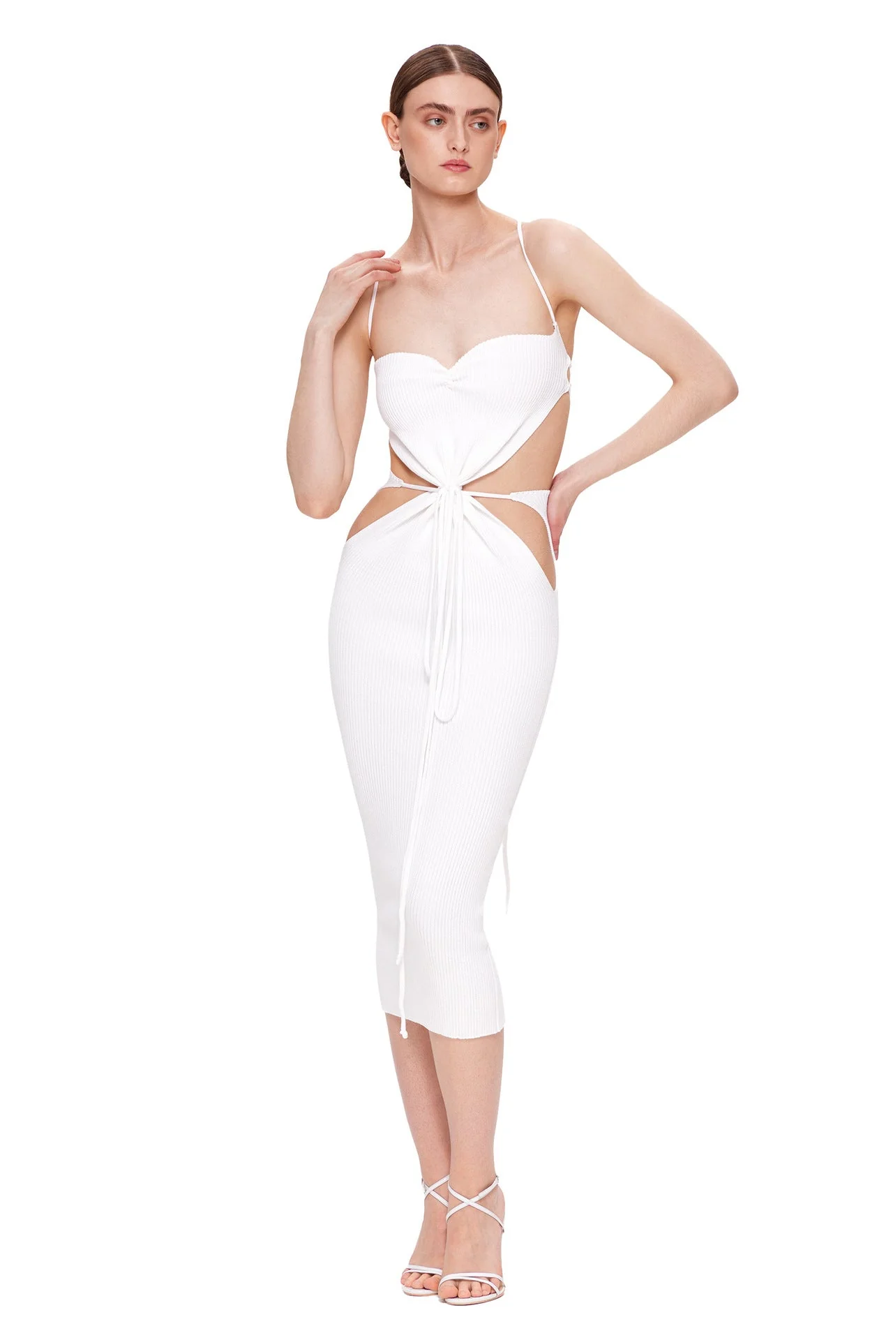 White Knitted Backless Lace-Up Dress for Women