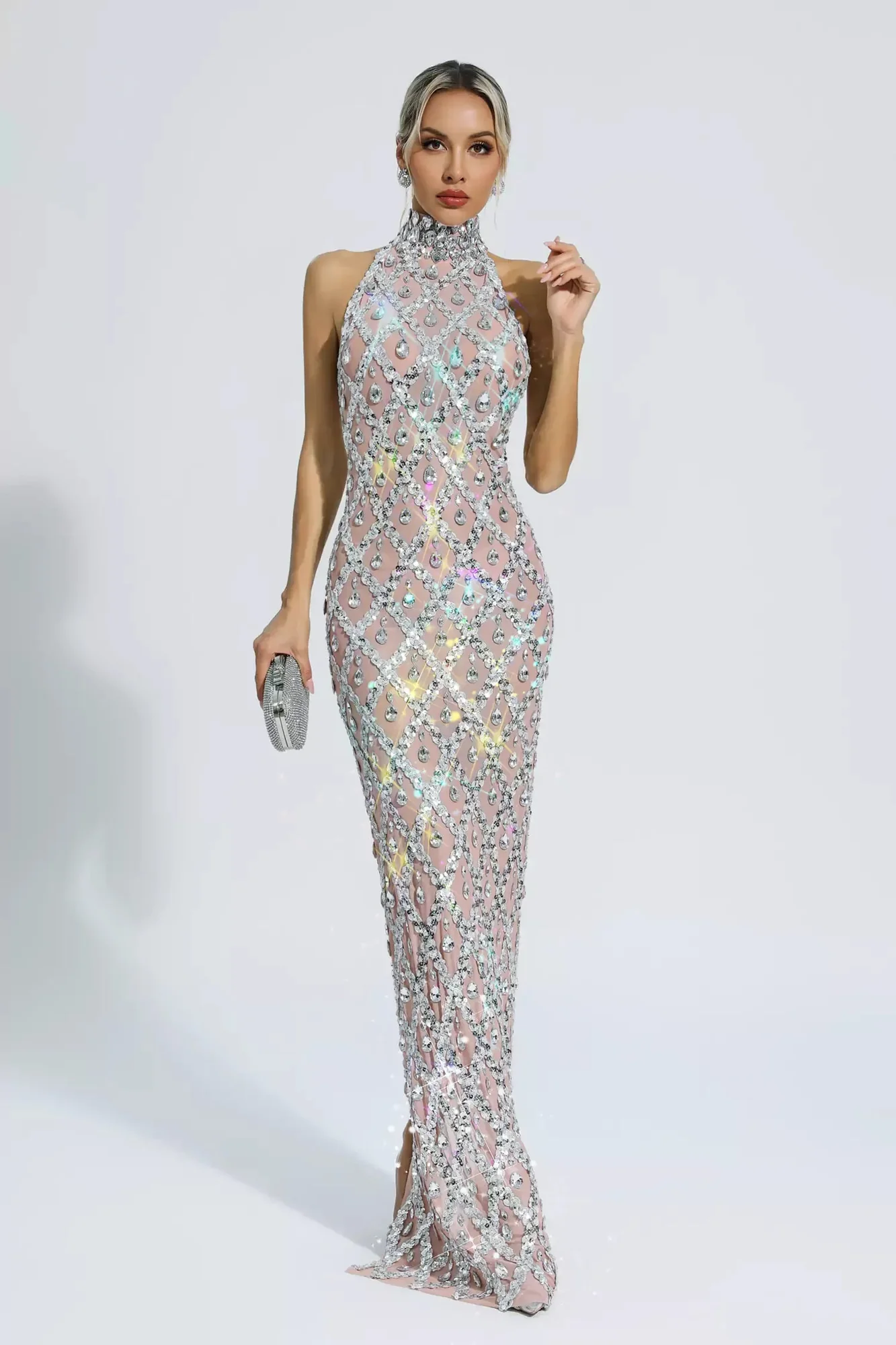 Silver Sequin Embellished Maxi Dress
