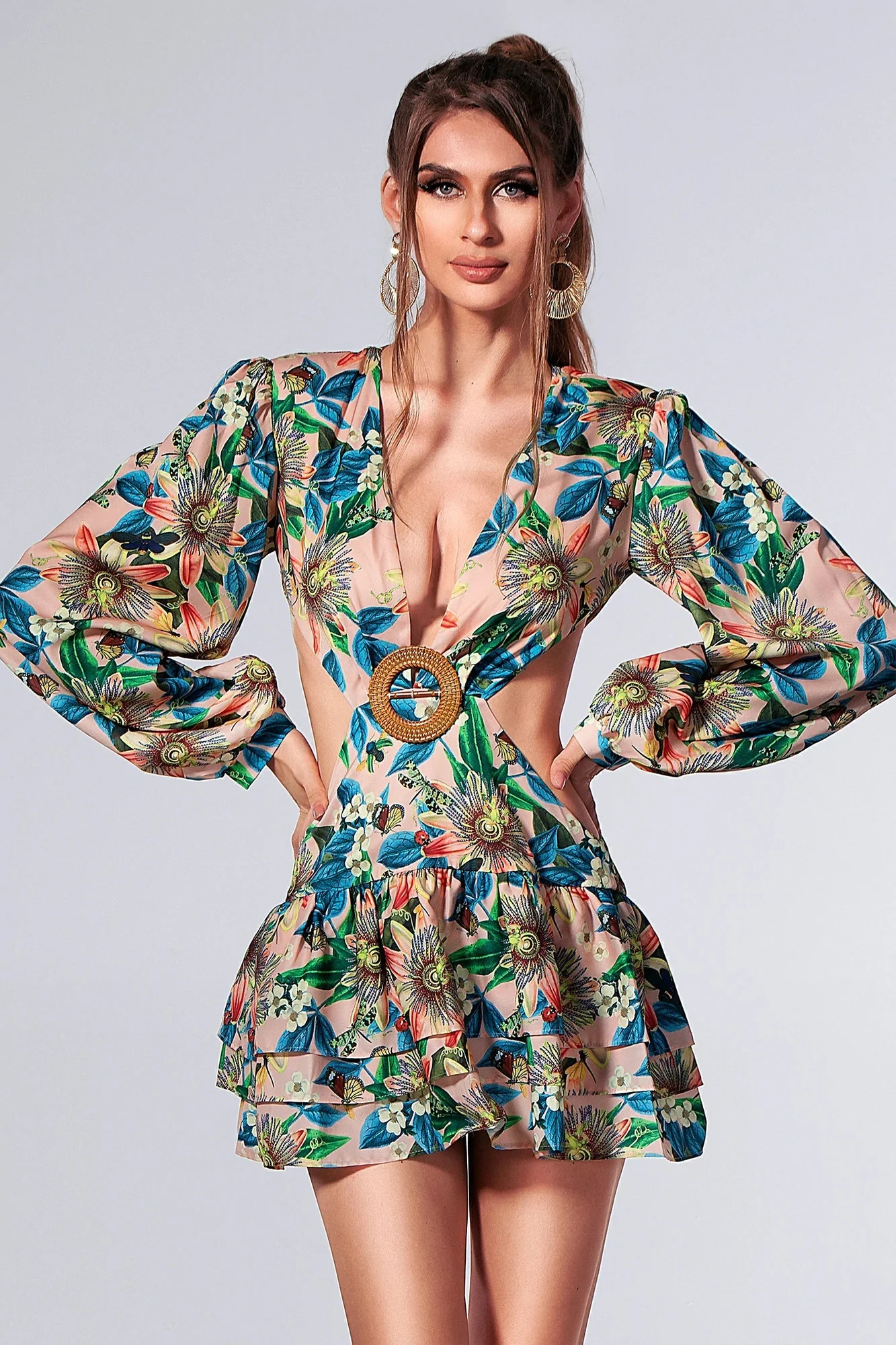 Multicolor Cutout Mini Dress with Long Sleeves