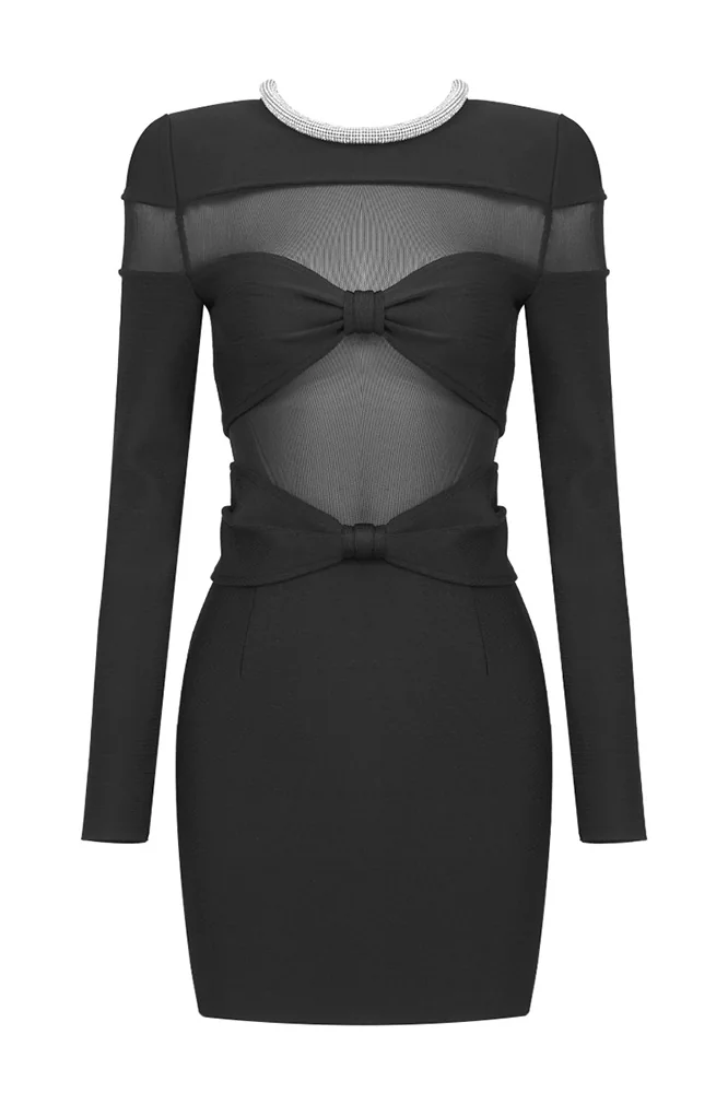 Black Bow Mesh Mini Dress - Elegant Evening Wear
