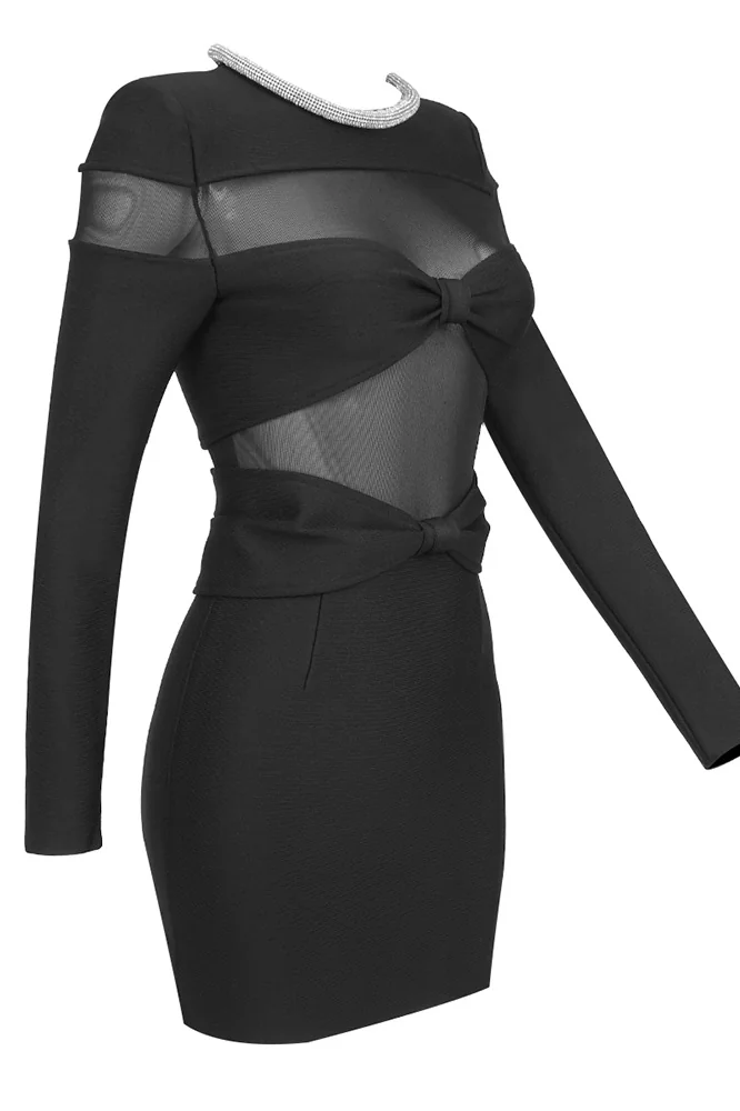 Black Bow Mesh Mini Dress - Elegant Evening Wear