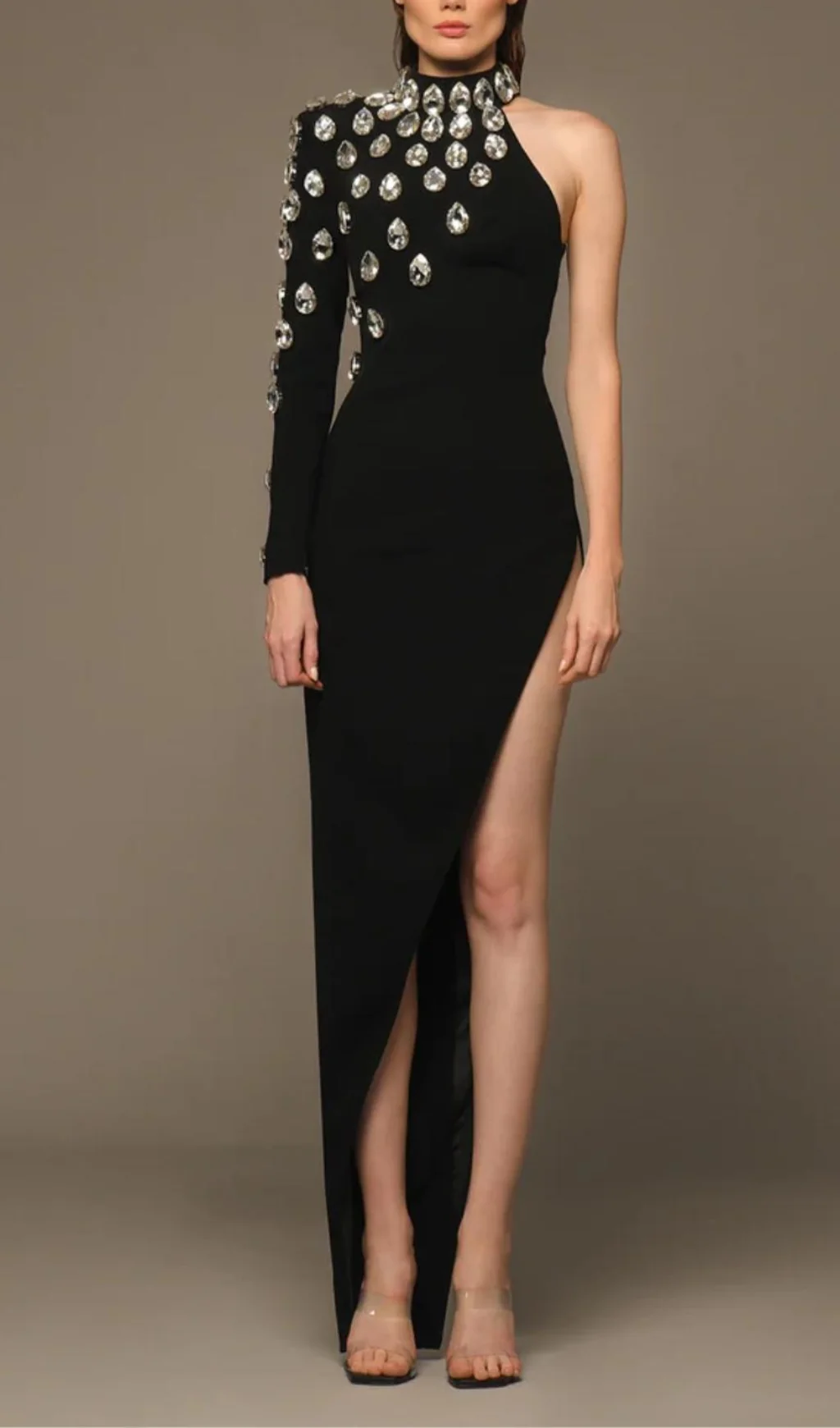 Black Asymmetrical Maxi Dress with Glass Crystal Embellishment