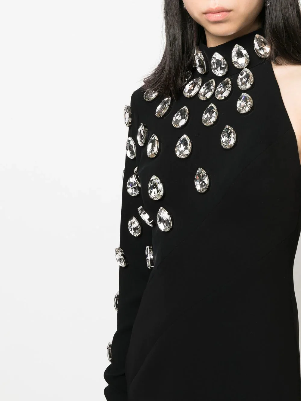 Black Asymmetrical Maxi Dress with Glass Crystal Embellishment