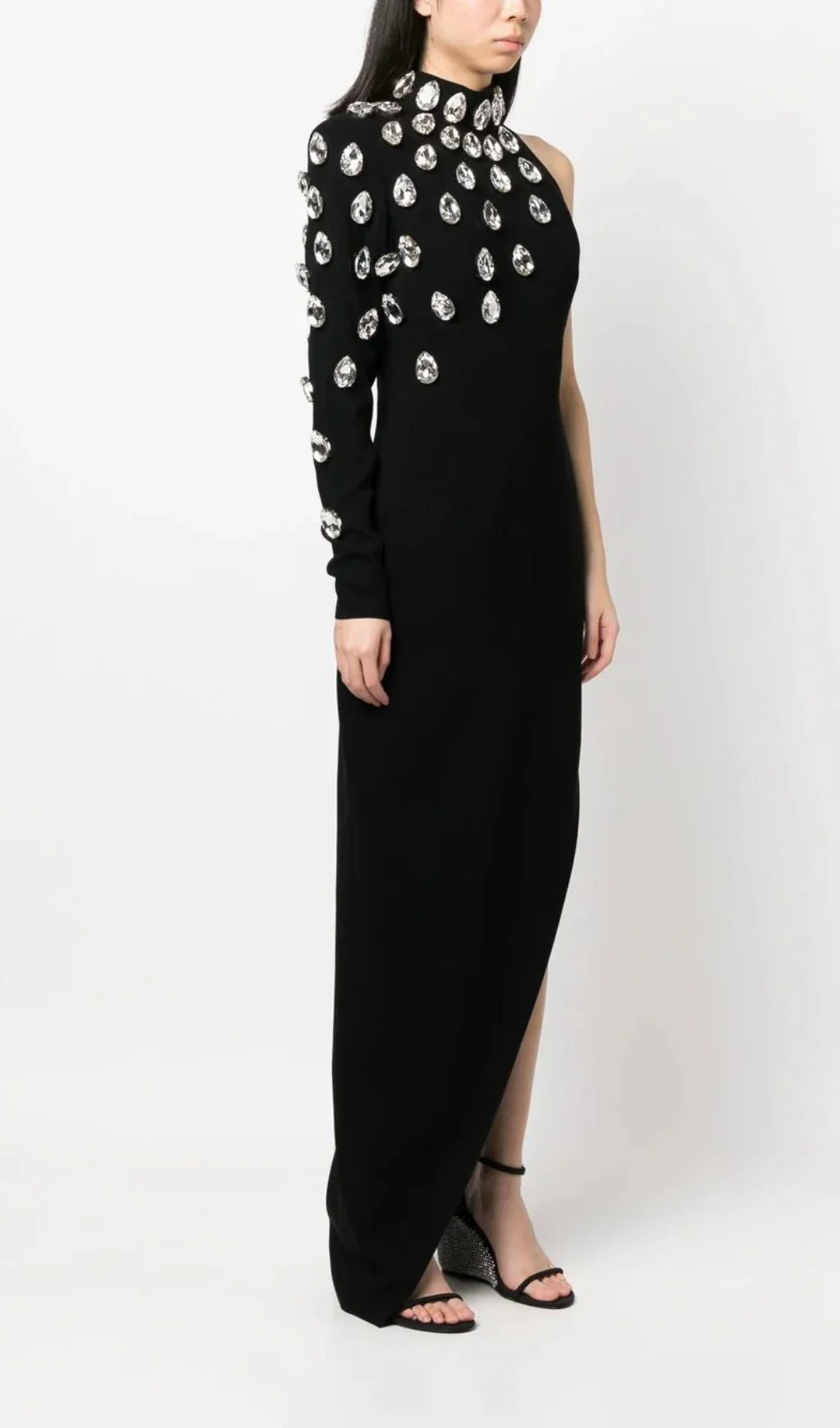Black Asymmetrical Maxi Dress with Glass Crystal Embellishment